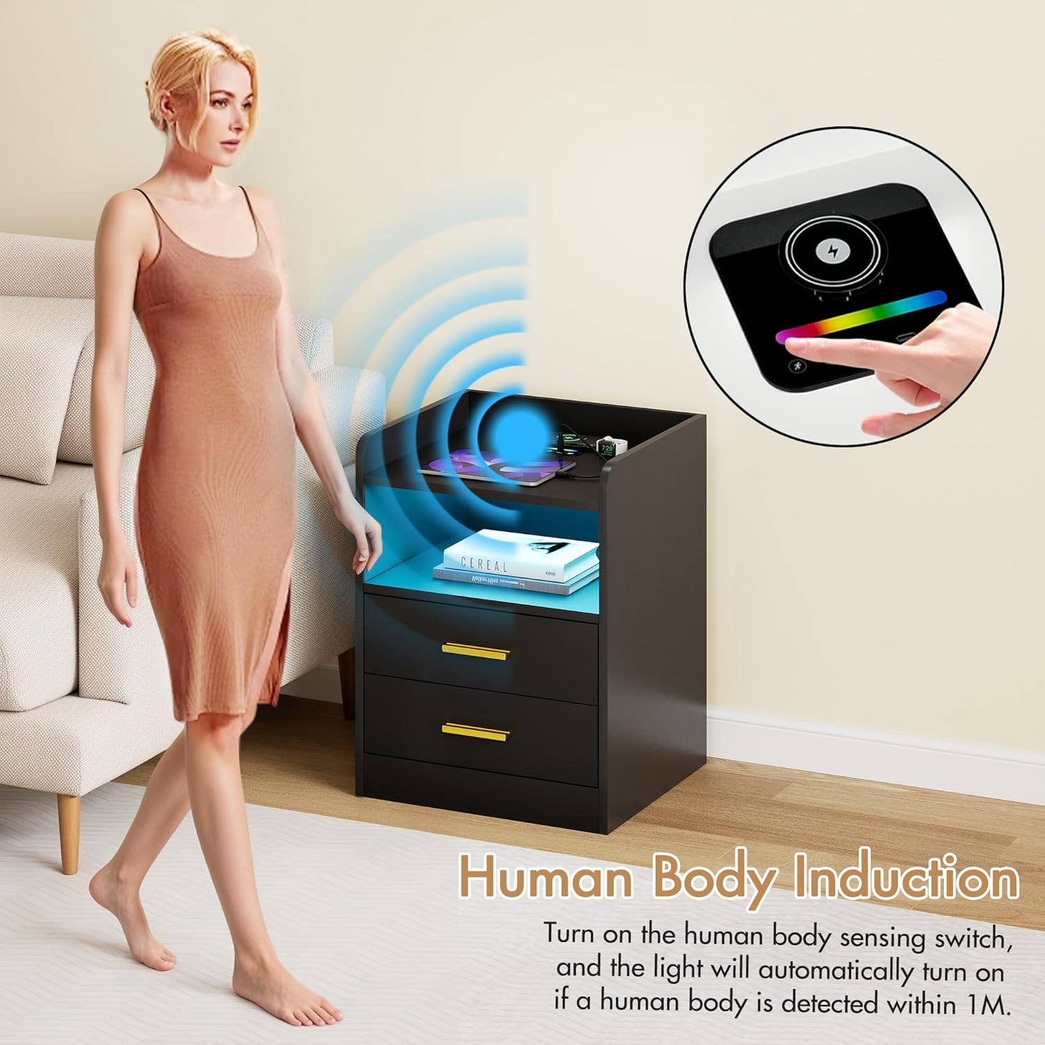 Advwin Bedside Table 2 Drawers, LED Nightstand with Human Induction, Wireless Charging Station and USB & Type-C Port, Chest of Drawers with Storage Shelf, Black (1, Black) image number 4