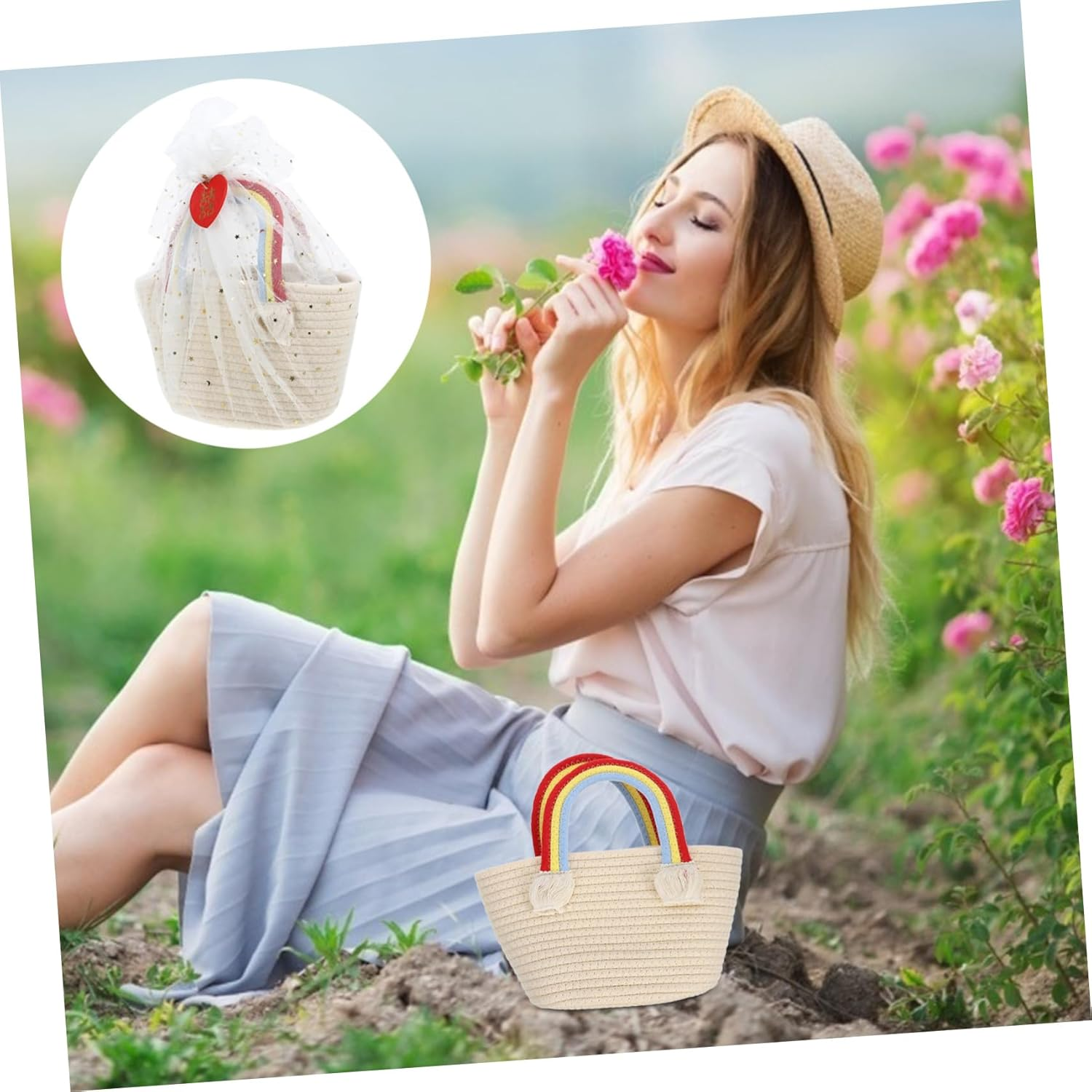 Unique Woven Basket Cotton Handbag for Women Vacation Beach Bag Basket