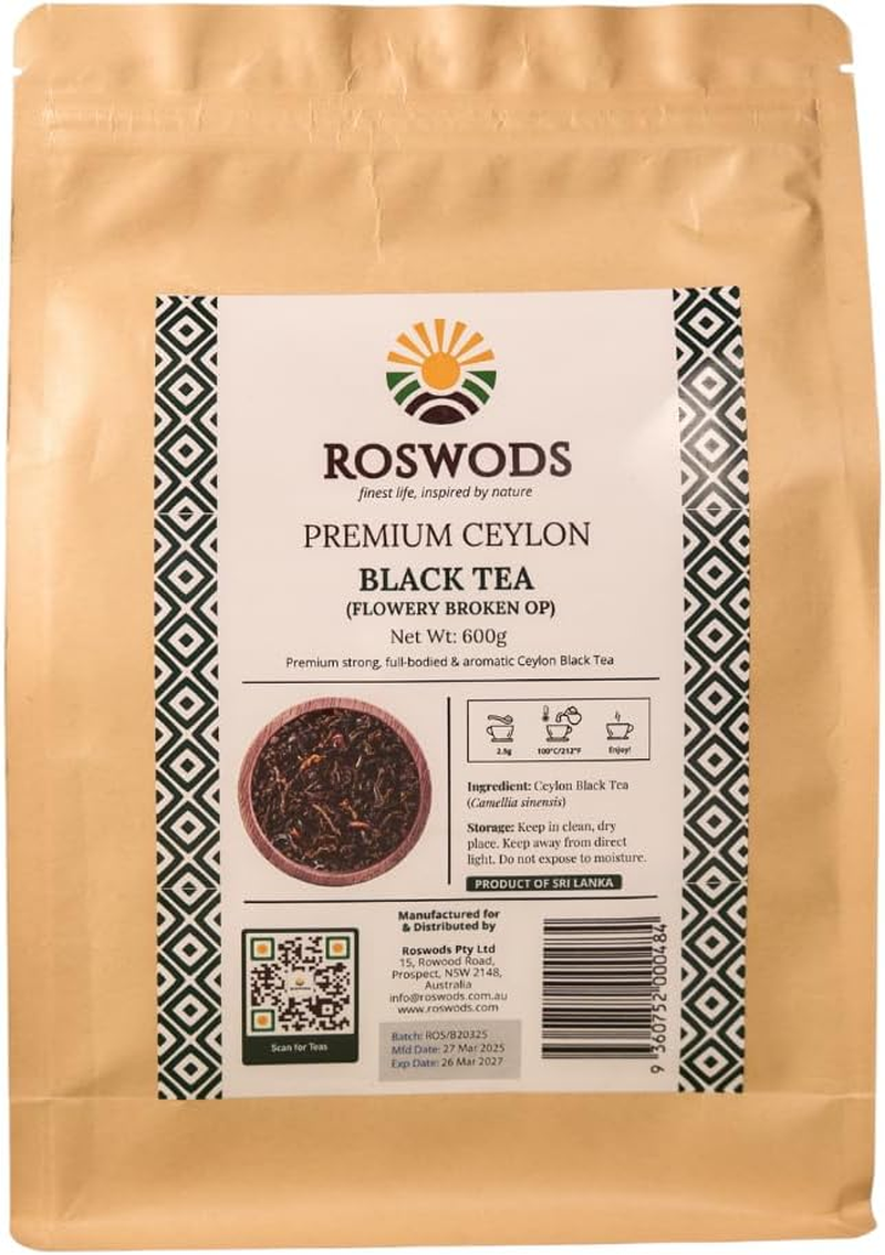 Ceylon FBOP Black Tea Loose Leaf &ndash; Medium-Strength, Premium Flowery Broken Orange Pekoe &ndash; Rich Aroma & Balanced Flavor &ndash; 600G Resealable Pack &ndash; Product of Sri Lanka