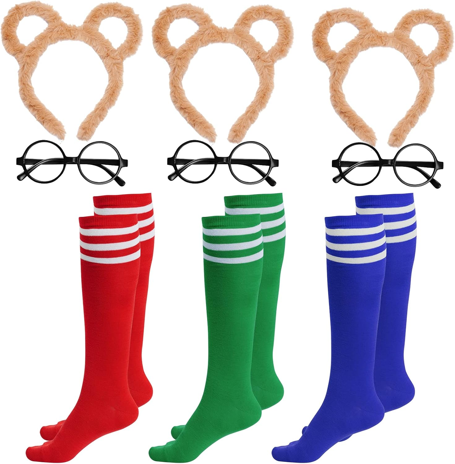 9 Pieces Chipmunks Costumes Set Include 3 Pieces Chipmunk Ears Headband 3 Piece Black round Frame Glasses and 3 Pairs Knee-High Socks for Teens Adults Halloween Party Animal Costume Accessories image number 3