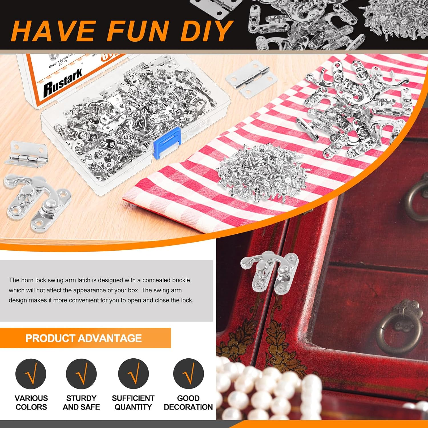 20 Sets Silver Antique Small Box Hinges Right Latch Hook Hasp Horn Lock Jewelry Box Hardware Antique Brass Latch Hook Clasp Mini Hinges for DIY Crafts Jewelry Wooden Box - Silver image number 4