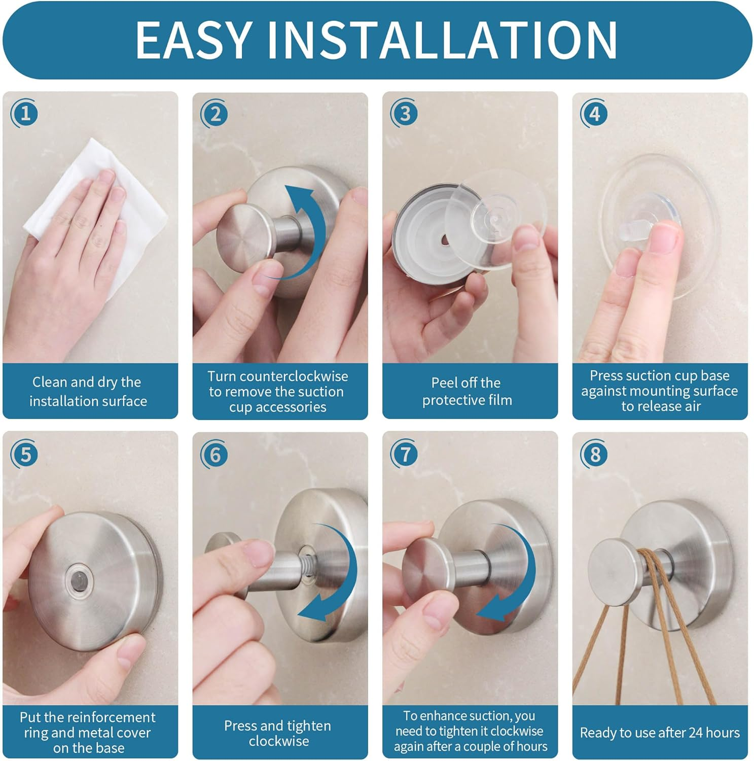 Suction Cup Hooks for Shower,2 Packs Wall Mount Towel Holder,Removable Shower Towel Suction Hooks for Bathroom Wall,Kitchen,Glass,Mirror,Tile to Hang Robes,Loofah-Silver image number 3