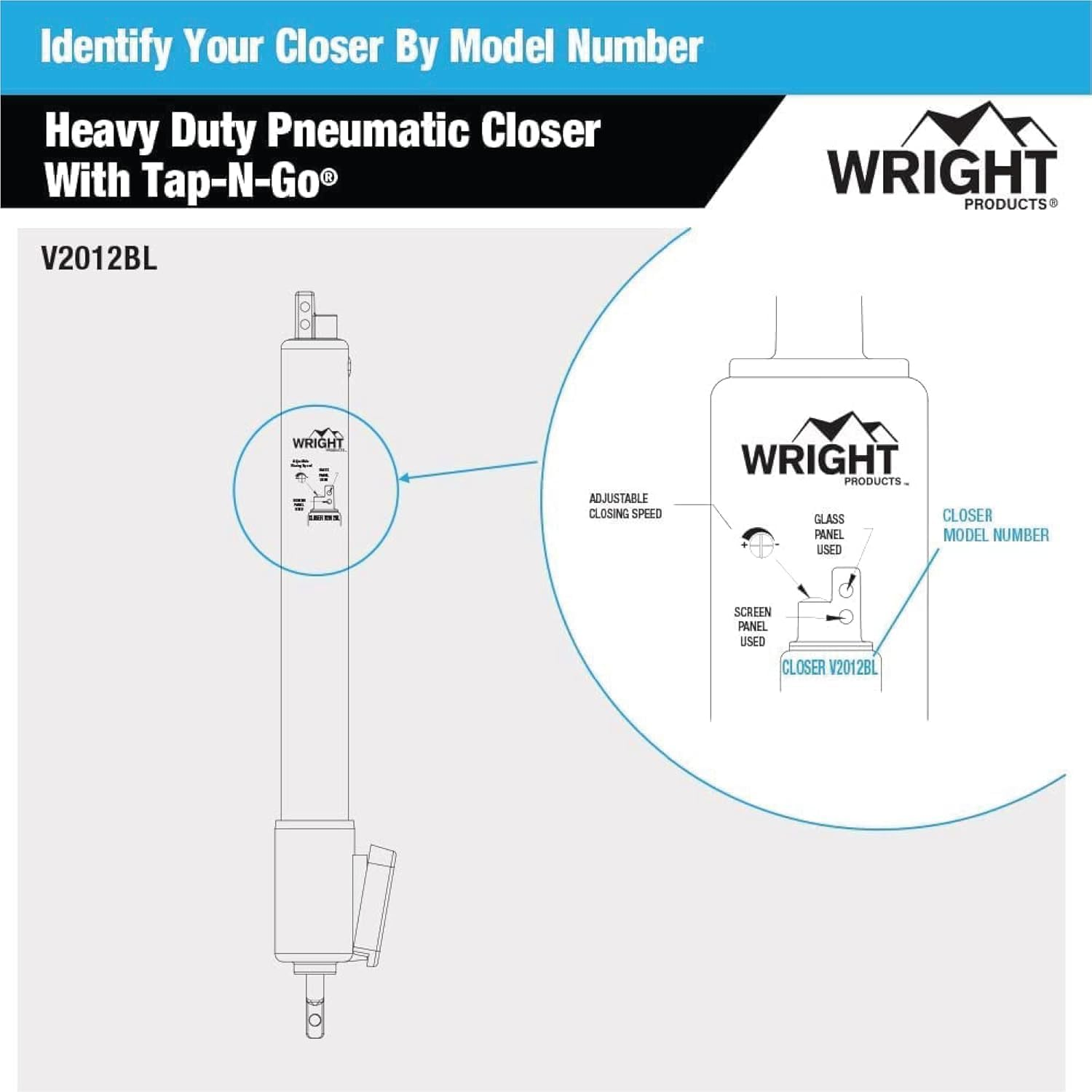 Wright Products V2012BL Heavy Duty Tap-N-Go Pneumatic Closer, Black image number 2
