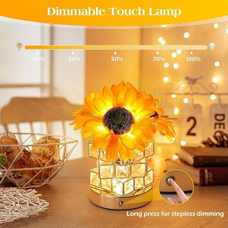 Sunflower Crystal Table Lamp, Dimmable LED Artificial Flower Lamp Touch Lamp with Cube Crystal Vase, USB Rechargeable Cordless Lamps for Bedroom, Living Room, Home Decoration
