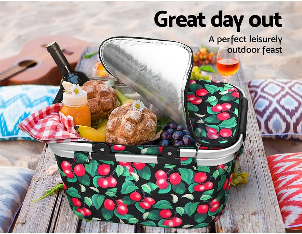 Alfresco Picnic Basket Bag, Insulated Collapsible Outdoor Food Storage Baskets Bags Cooler Hamper Camping Travel Hiking Beach Picnics, with Zippered Side Pocket Lightweight Aluminium Red Green