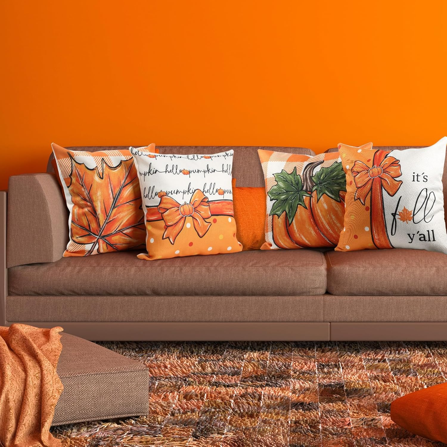 Bigqin 4 Pack Fall Throw Pillow Covers 45X45Cm/18 X18, Maple Leaf Cushion Cover Orange Home Decor Pumpkin Cushion Covers, Pumpkin Home and Halloween Decorations image number 6