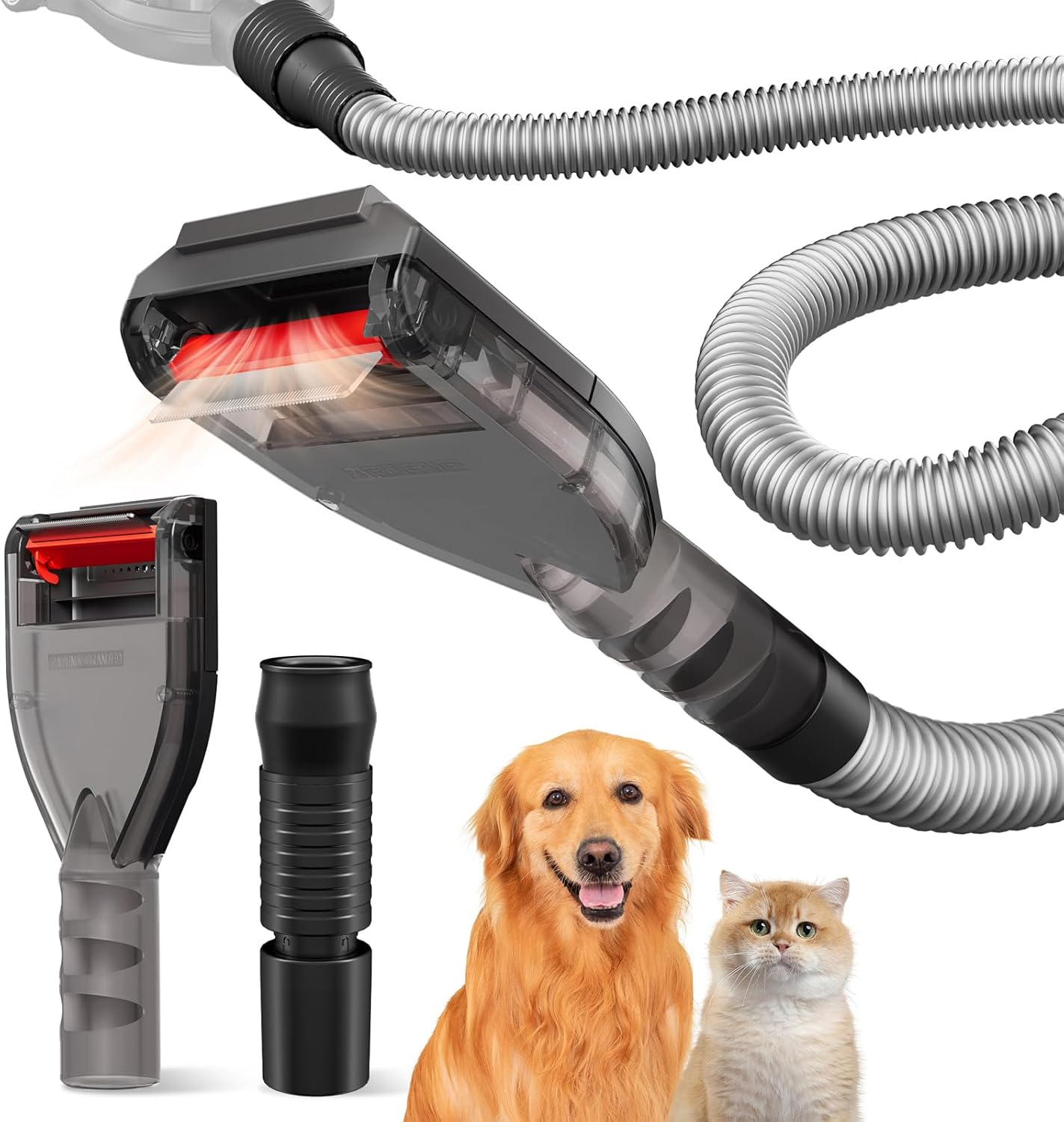 Portek Dog Brush Vacuum Attachment, Shedding Grooming Tool Pet Hair Undercoat Remover, Ideal for Puppy Cat Loose Fur, Groom Comb as Deshedding Groomer, Extension Hose Adapters Fit Most Cleaners Gray image number 3