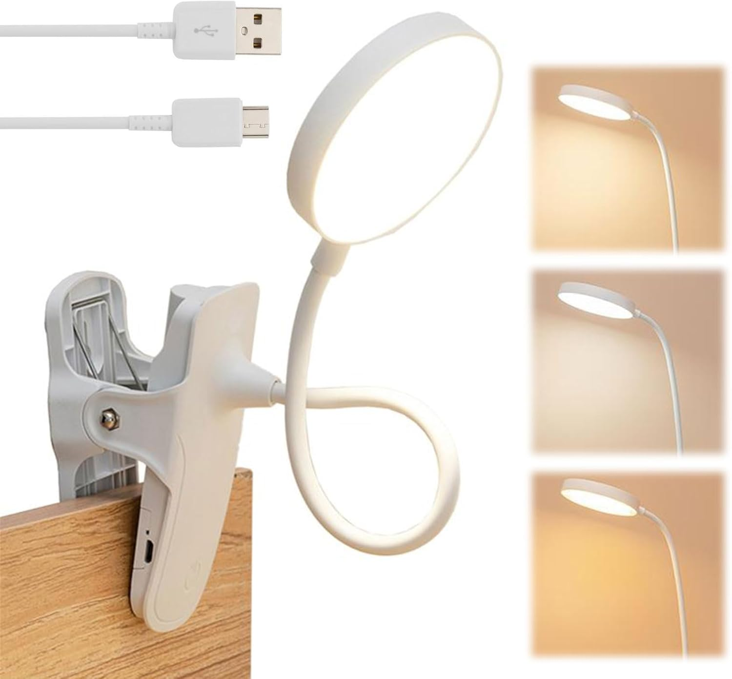 Cerioll Bed Reading Lamp, 360&deg; Flexible Reading Lamp, Dimmable Reading Light with Touch Dimmable, 3 Colour Temperature Modes, Continuous Brightness, Rechargeable, for Studying Work (White) image number 5