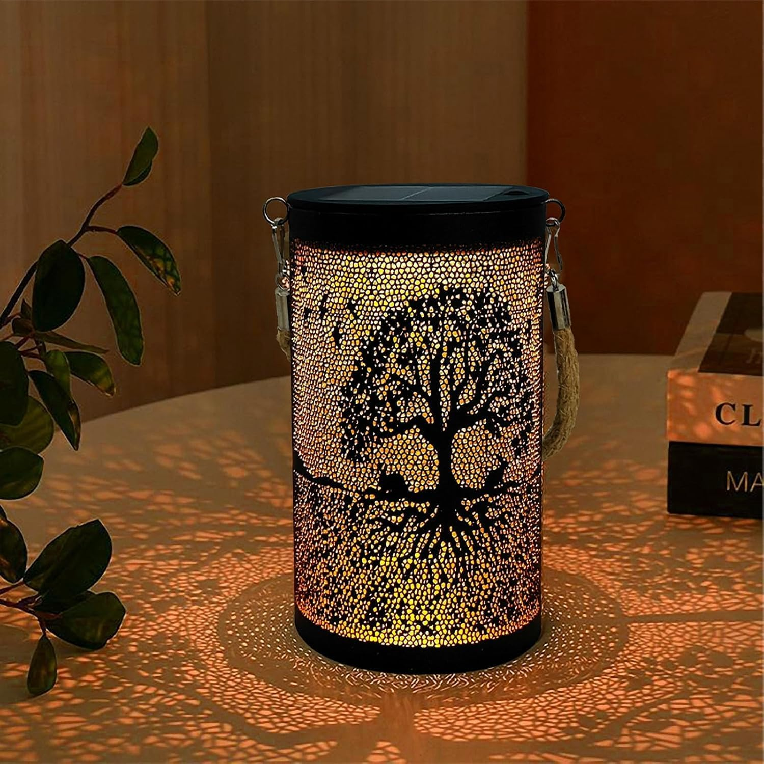 Ironwork Solar Lanterns Outdoor Hanging Lights, Metal Solar Powered Table Lamp Hollowed Out Waterproof Lanterns for Garden Decor outside Patio Yard Pathway (Trees) image number 5