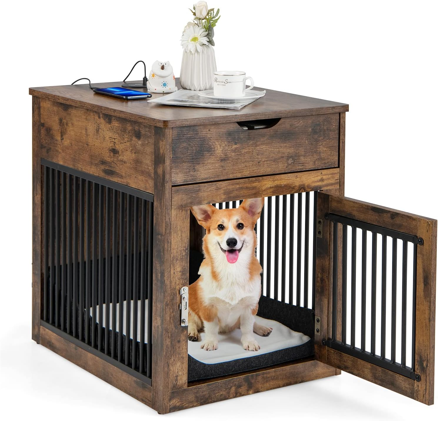 Costway Furniture Style Dog Crate, Decorative Dog Kennel End Table with Wired & Wireless Charging, Washable Cushion, Storage Drawer, Indoor Dog House Side Table for Small Dogs, Rustic Brown image number 4