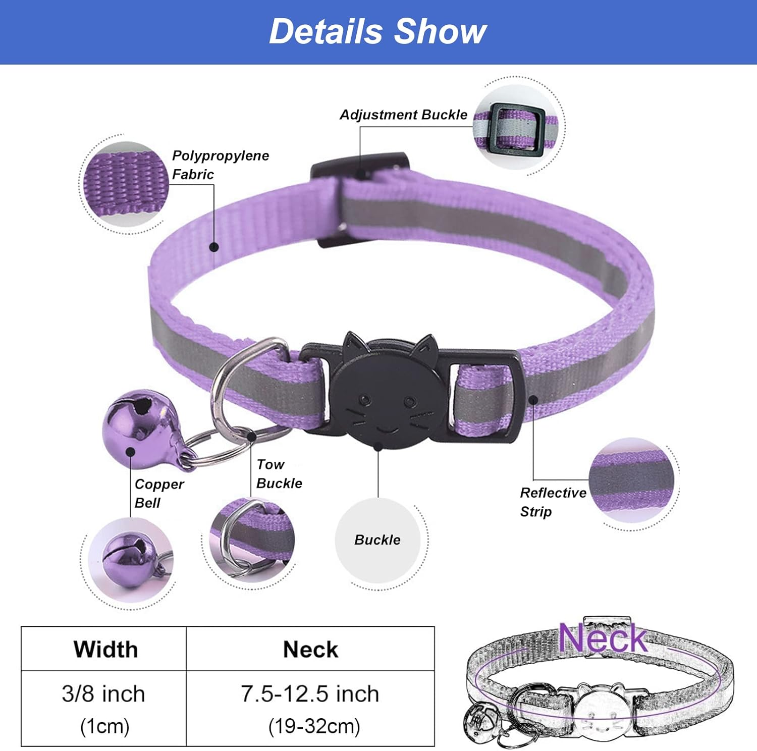 Cat Collar, Address Tag, Dog Cats, Adjustable Collar, Reflective Cat Collar with Bell and Safety Clasp, Pet ID Tags (Blue, Purple) image number 6
