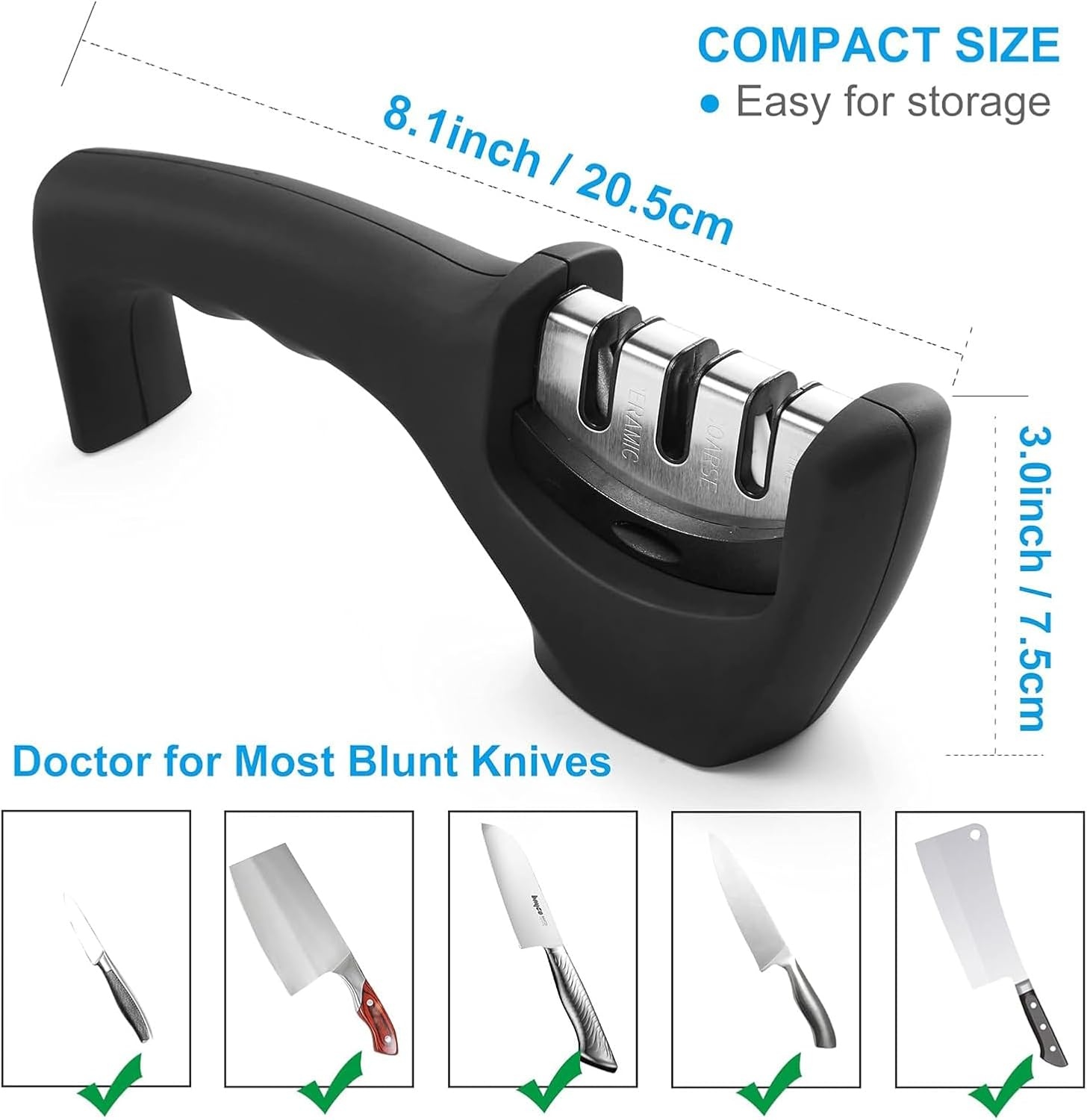 SLLINQKX Kitchen Knife Sharpener - Professional 3 Stage Manual Sharpeners - Ergonomic Handle and Non-Slip Base - Safe Sharpening Tool - Easily Honing Knives in a Breeze, Black. image number 3