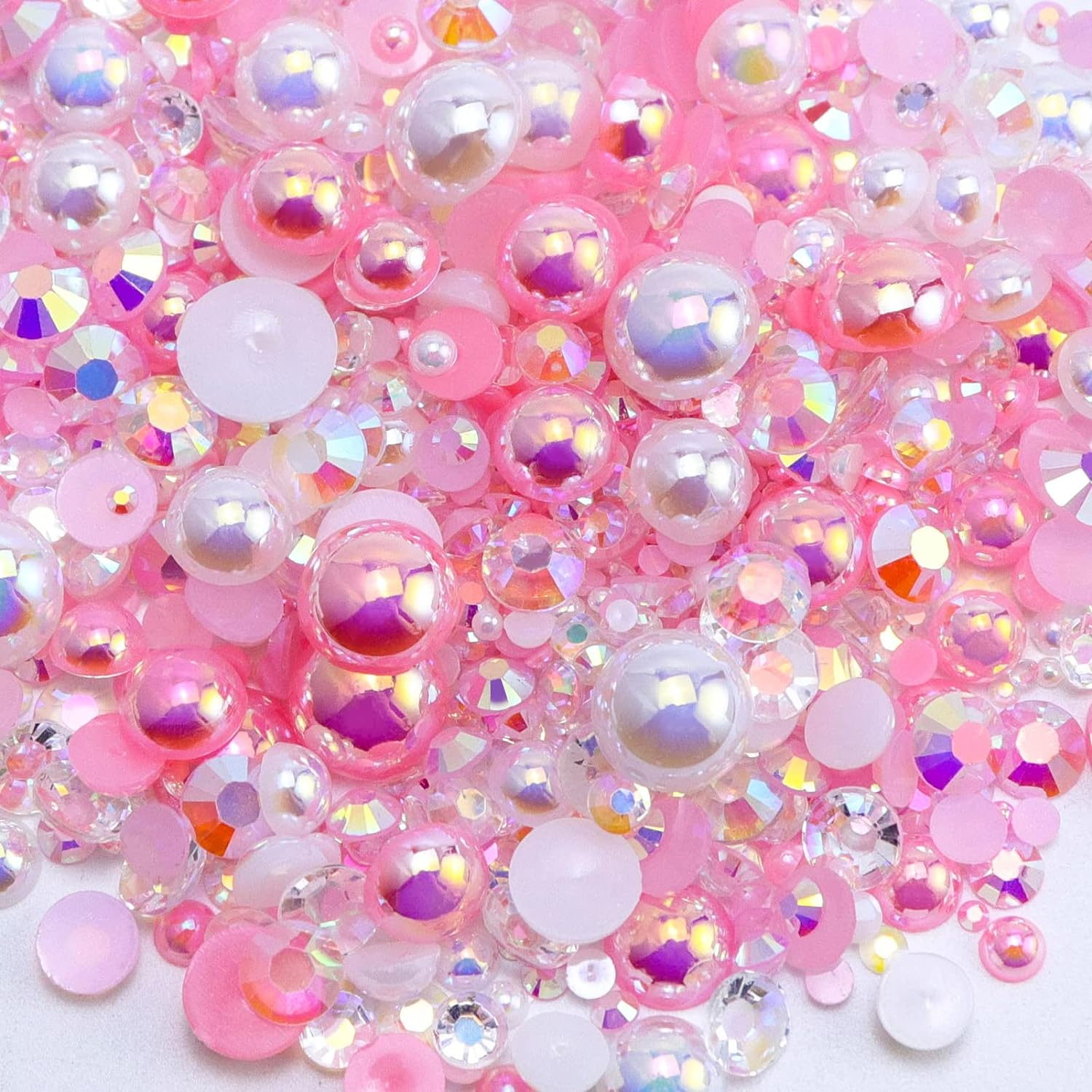 Briskbloom 3620PCS Flatback Pearls and Rhinestones, 60 Grams Mixed 2MM -10MM Flatback Jelly Rhinestones and Half Pearls for Crafts Nails Tumblers Shoes, Pink Marshmallow Blend | Mix White | Pinks
