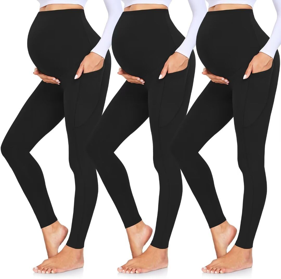 GROTEEN 3 Pack Women'S Maternity Leggings over the Belly with Pockets Super Soft Workout Pregnancy Yoga Pants