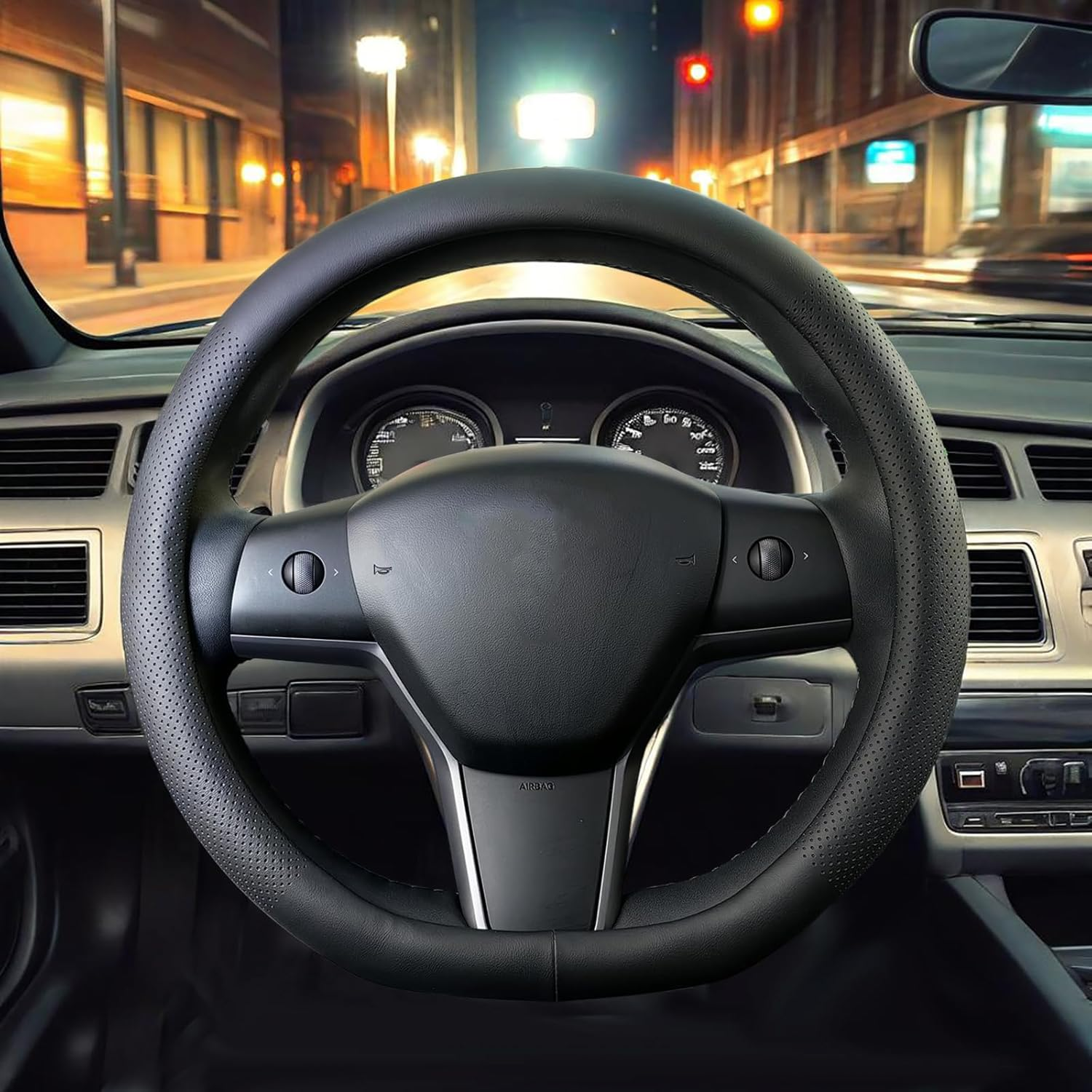 Car Steering Wheel Cover, Genuine Leather 15 Inch, Universal Breathable O-Shaped, D-Shaped Steering Wheel Protector, anti Slip Soft Leather Steering Wheel Cover Full Surround (O Shaped) image number 6