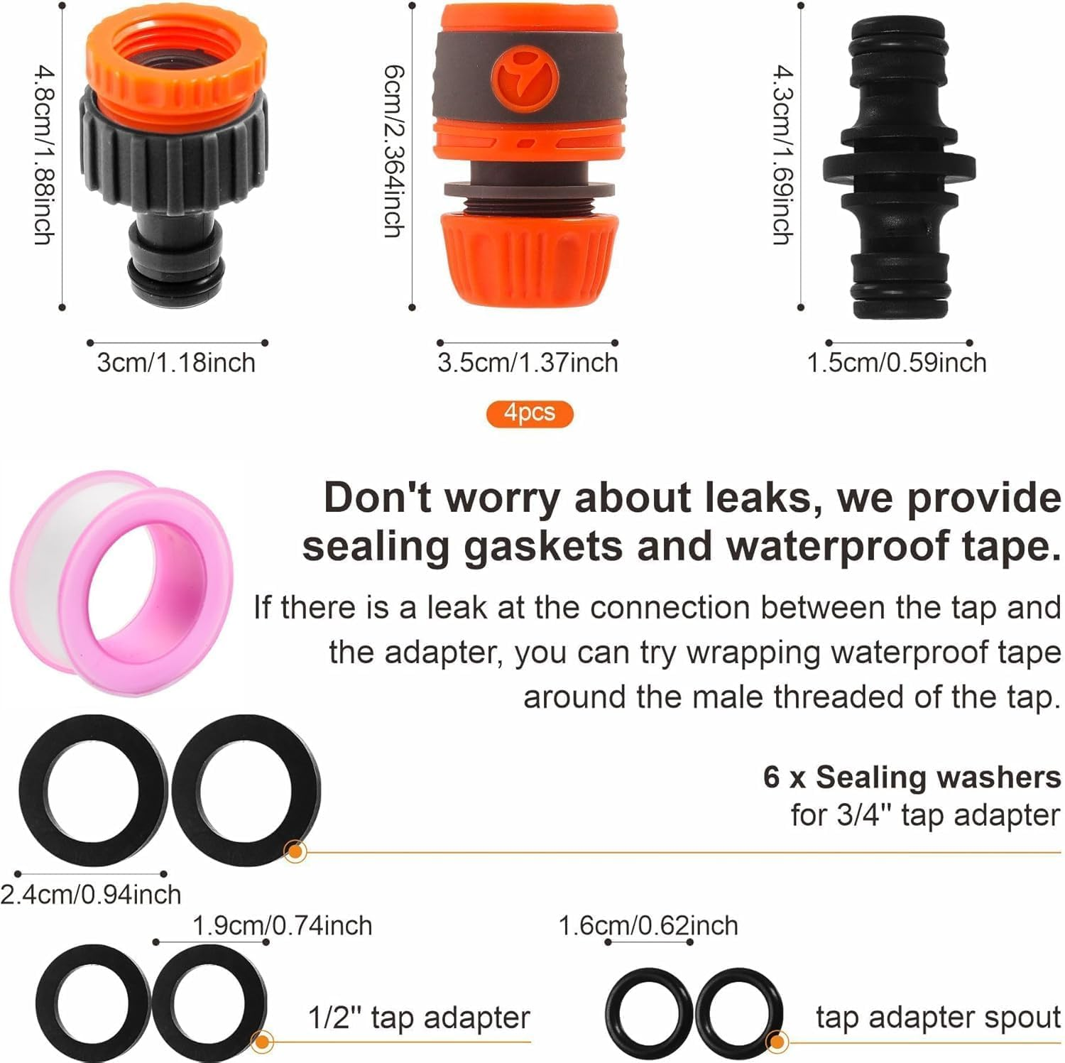 Garden Hose Connectors Set, 3/4" 1/2" Universal Tap Adapter, for Outdoor Faucet, Lawn Plant Watering, Leak Proof Hose Pipe Connector Kit (Orange Color) image number 1