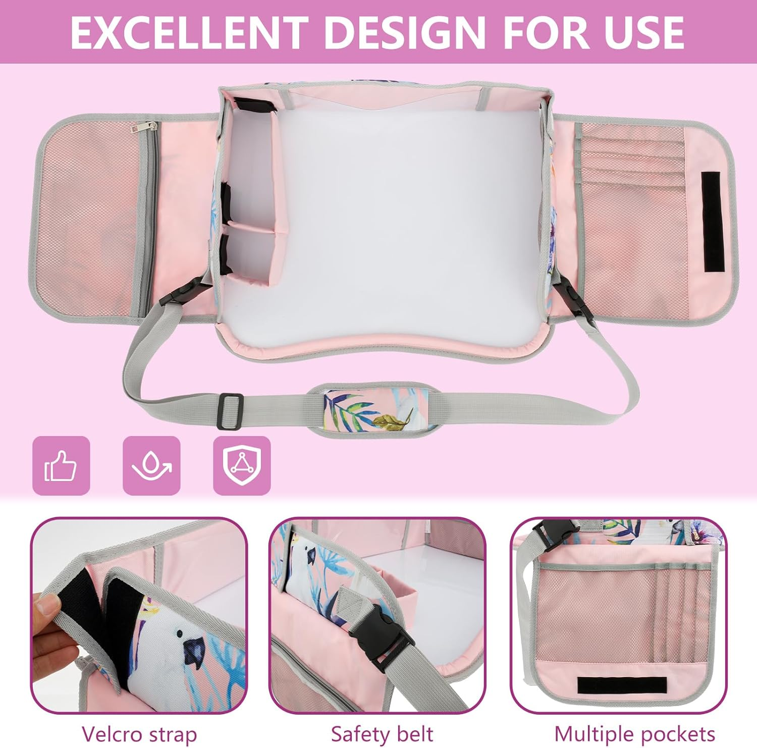 Fwqofvk Car Seat Tray, Kids Travel Tray for Car, Easy to Install Car Seat Table Tray, Portable Car Lap Tray with Adjustable Shoulder Strap and Pocket for Kids Road Trip Activities (Pink) image number 1