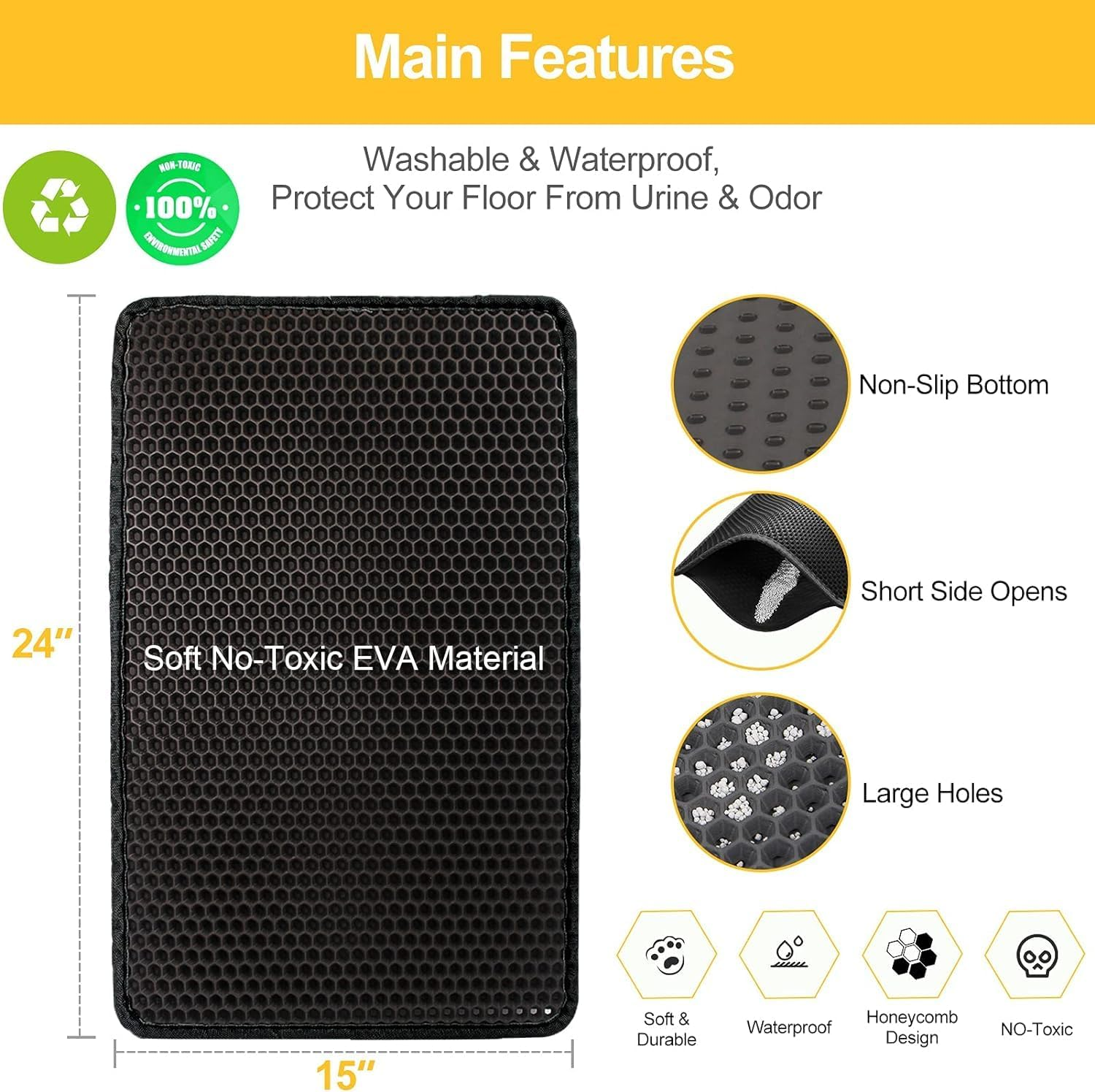 Mumoo Bear 60 X 45Cm Big Cat Litter Mat Litter Tray Mat, Double Layer Waterproof Cat Litter Mat Litter Trapping Mat, Honeycomb Design Cat Litter Tray Mat Non-Toxic Nonslip Black