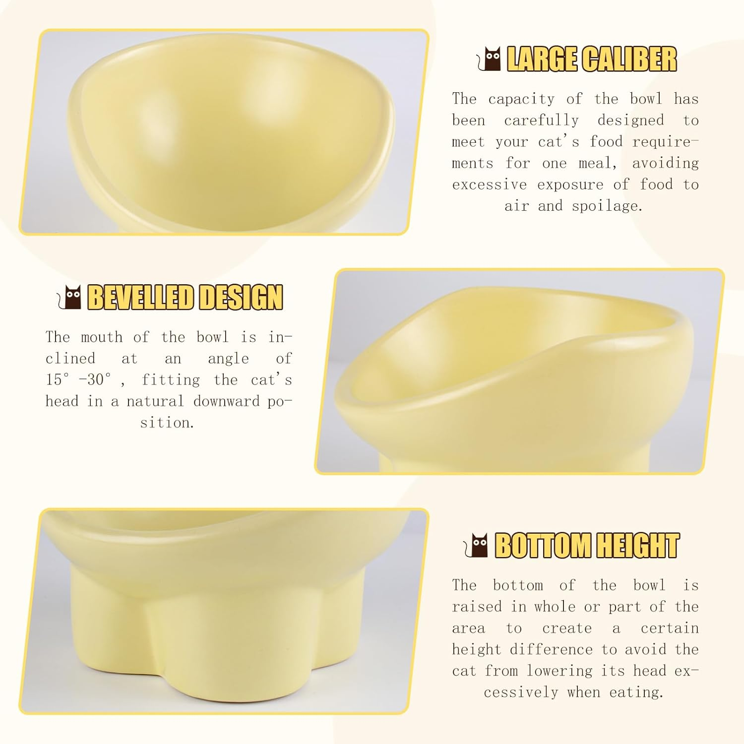 Ceramic Cat Bowl Elevated 5.7In anti Vomit Raised Cat Bowl Yellow round Design Comfortable Feeding Bowl for Cats and Small Pets image number 2