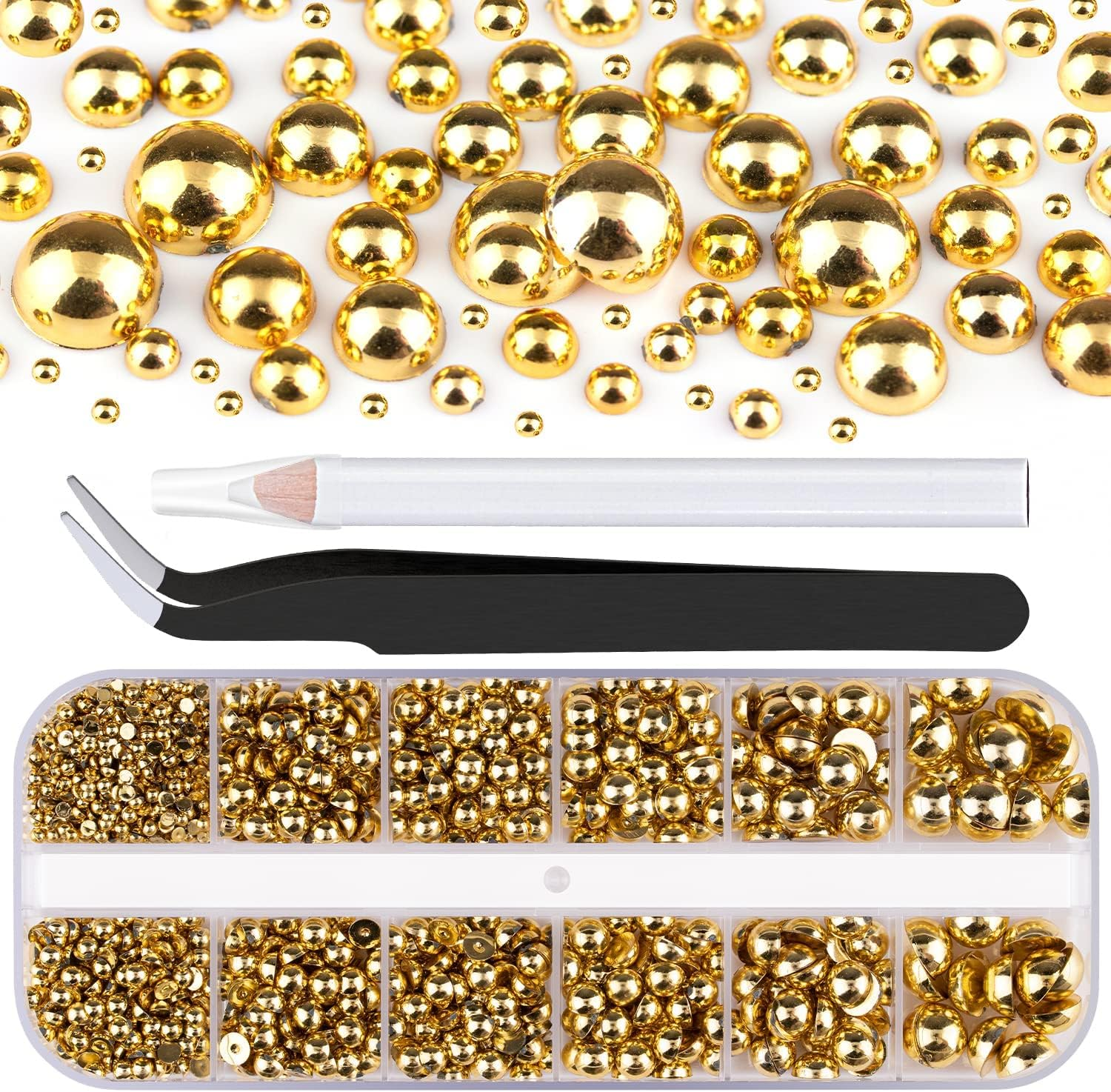 Flat Back Half round Gold Nail Charms and Gems with Multi-Size Pearls for DIY Nail Art Design and Crafting - Geiwogwc