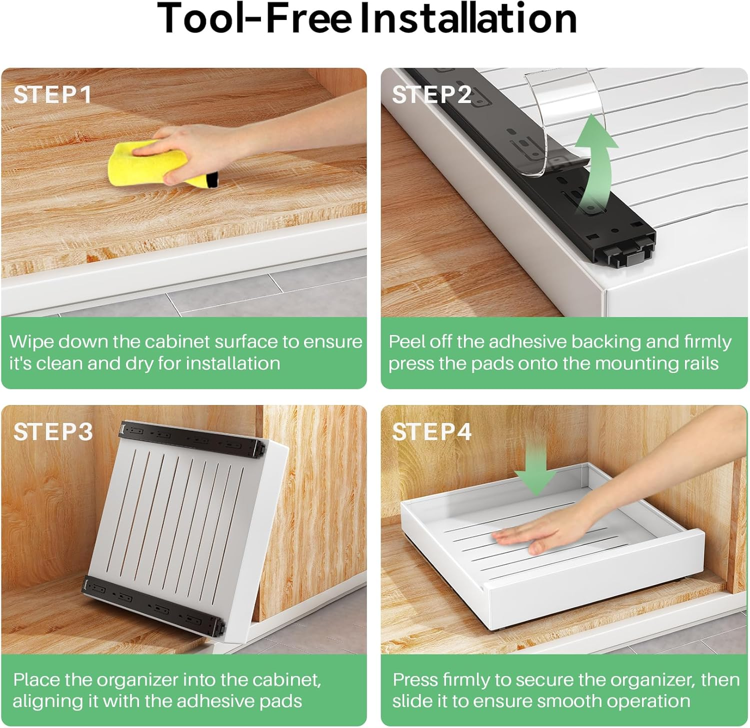 Kitstorack Pull Out Cabinet Organizer Fixed with Adhesive Nano Film,Heavy Duty Storage and Organization Slide Out Pantry Shelves Sliding Drawer Pantry Shelf for Kitchen 16.9''D X 9.8''W X 3.1''H