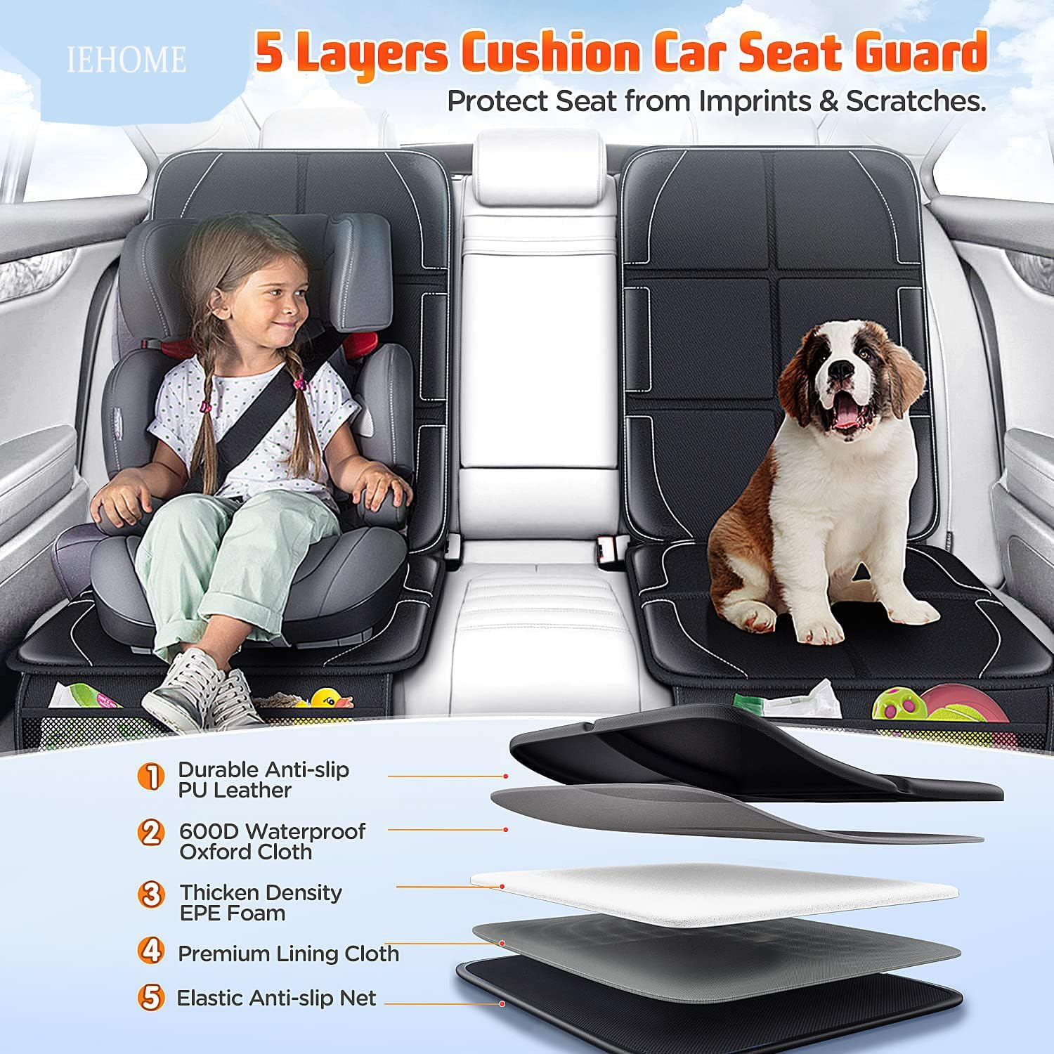 Car Seat Protector for Child Seat, 2 Pack Seat Mats for Car, 600D Thick Waterproof Car Seat Cover Non-Slip Backing Pad for Pets, Universal Wear Resistant Carseat Mat with Organizer Pockets image number 3