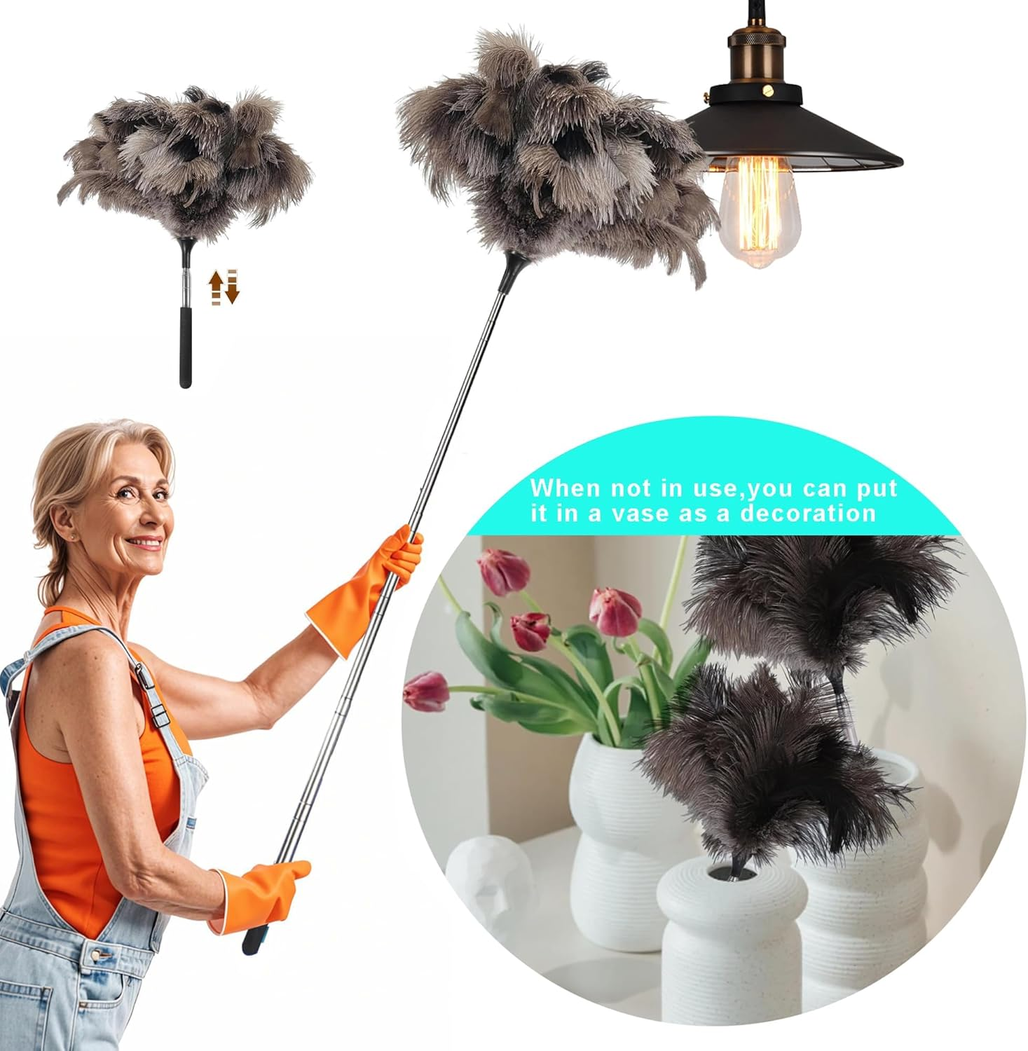 Extendable Ostrich Feather Duster up to 17-40 Inches Fluffy Feathers Long Handle Reusable for Cleaning Ceiling Fan Pendant Lamp High Ceiling Blinds Furniture Feather Duster image number 3