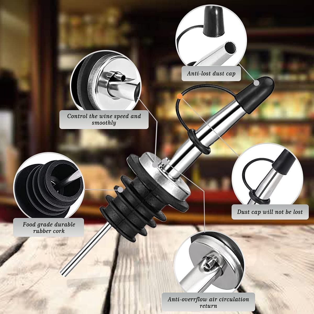 Wine Bottle Pourer 6 Piece Stainless Steel Wine Bottle Pourer with Rubber Dust Cap Conical Spout, Quick Pourer Olive Oil Bottle Conical Spout Pourer, Classic Bar Accessories Wineware Parts (With Cleaning Brush and Folding Funnel) image number 6