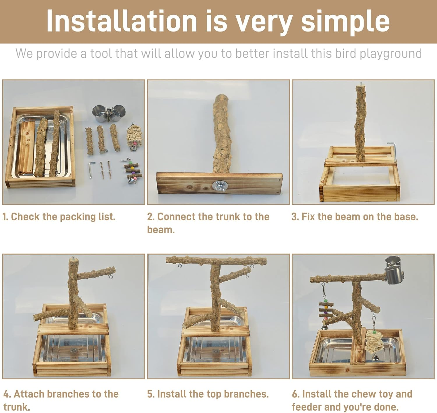 Natural Wood Bird Toys Playground, Bird Cage Accessories, Bird Perches, with Removable Tray and 2 Stainless Steel Cups image number 3