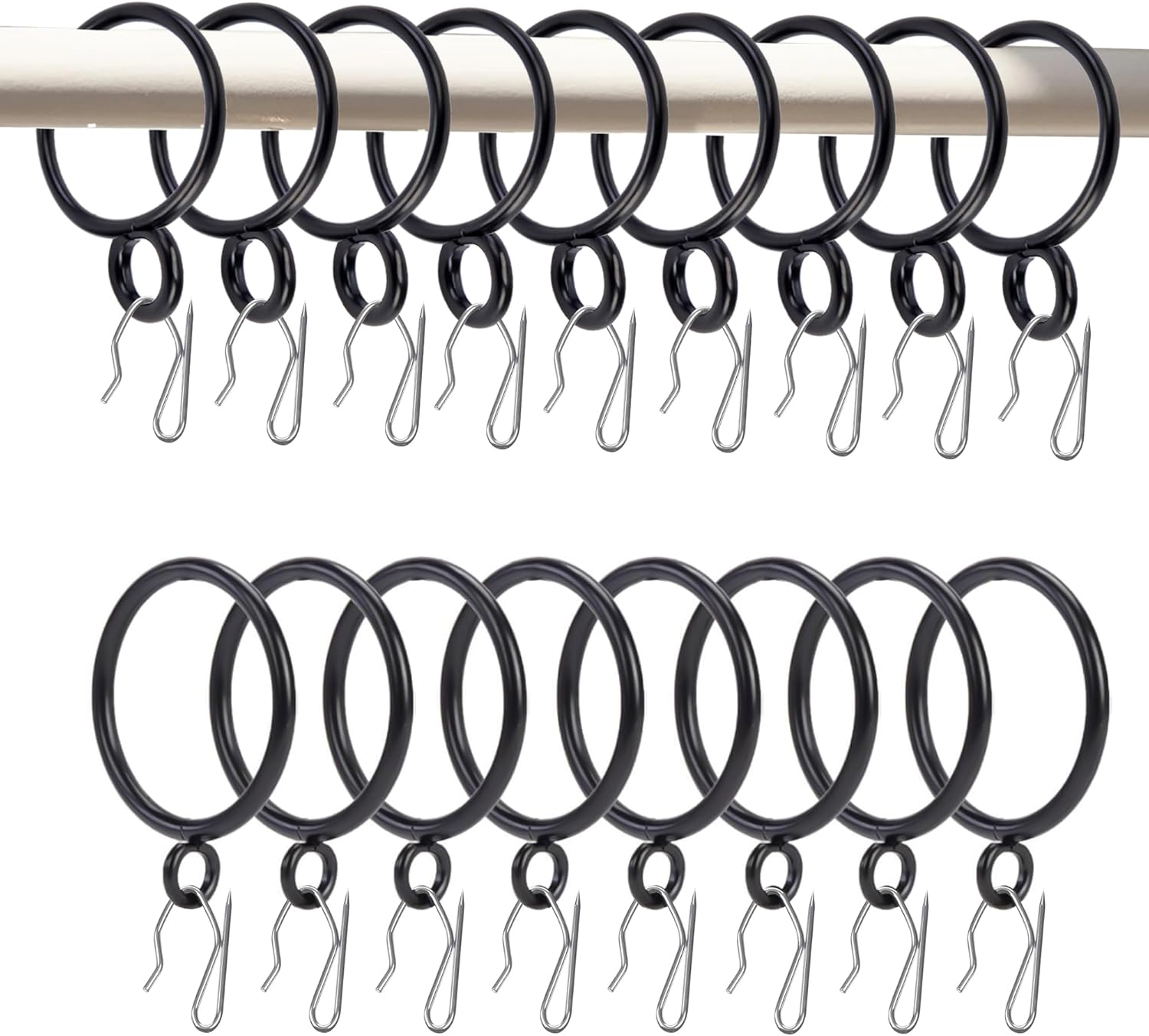 MEILANHUI 50 Pcs Curtain Rings with Hooks, Black Curtain Rings with Metal Curtain Hooks for Drapes 30 Mm Internal Diameter Curtain Hooks for Window Door Shower Bathroom Rings