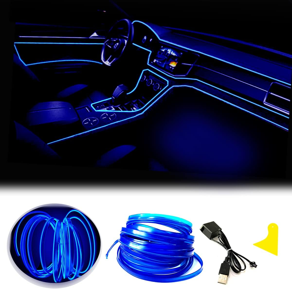 Maxlaxer El Wire Blue Interior Car LED Strip Lights, 3M Neon Wire USB 5V with Fuse Protection for Automotive Car Interior Decoration with 6Mm Sewing Edge image number 1