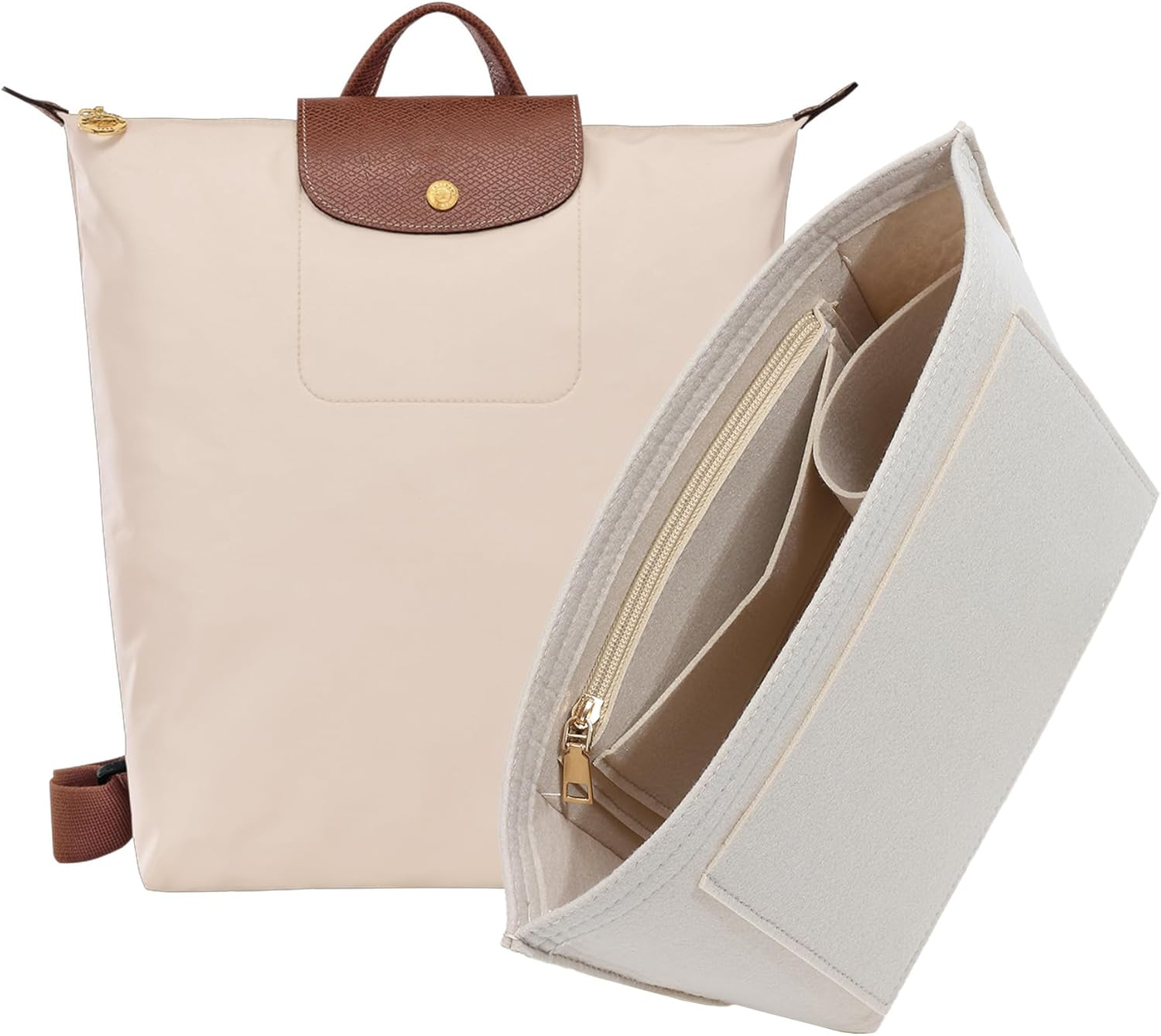 Oaikor Premium Felt Purse Organizer Insert for Longchamp Le Pliage S Handbag,Zipper Small Handbag Organizer with Cup Holder,Bags Storage Divider with 8 Upgraded Deepened Compartments,S/Beige