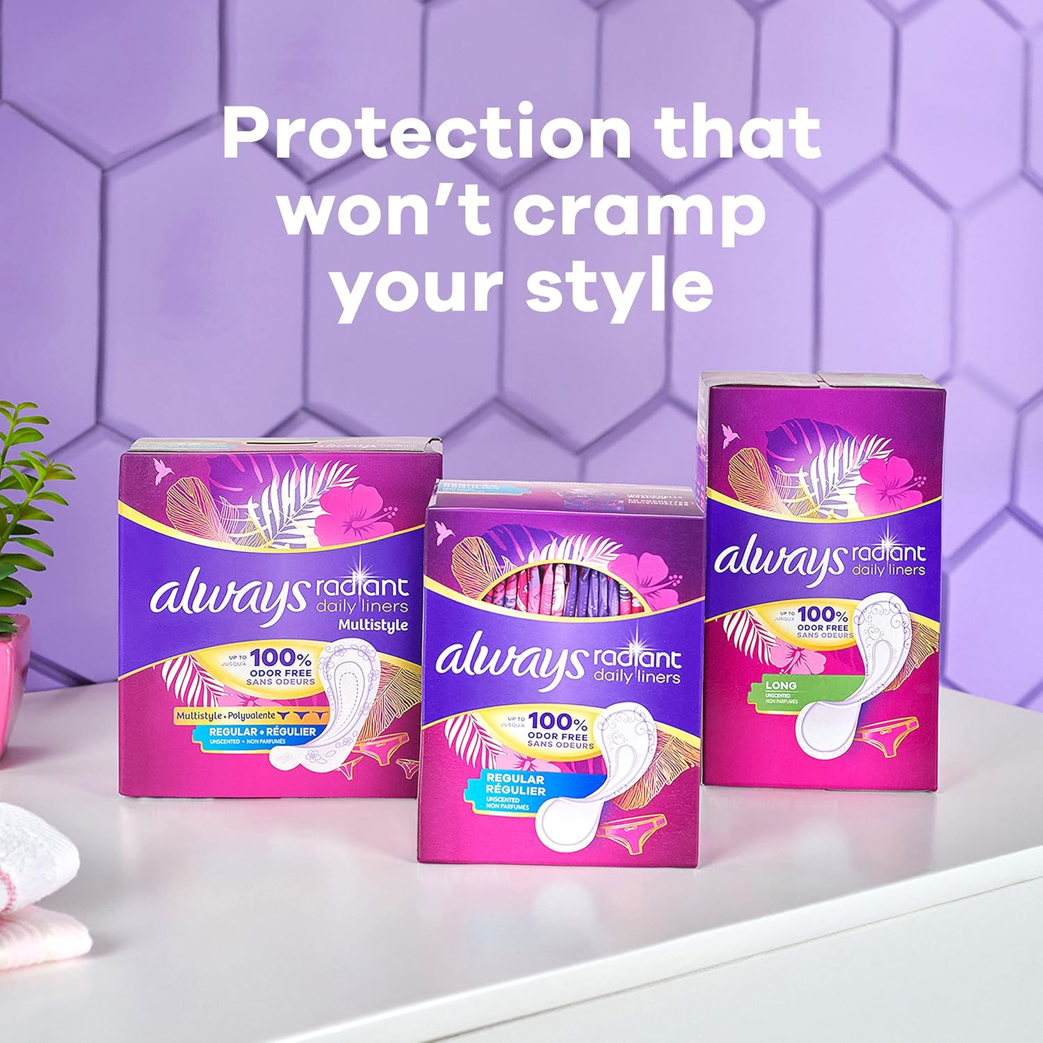 Always Radiant Daily Feminine Panty Liners for Women, Regular Absorbency, Unscented, Wrapped, 96 Count - Pack of 4 (384 Count Total)