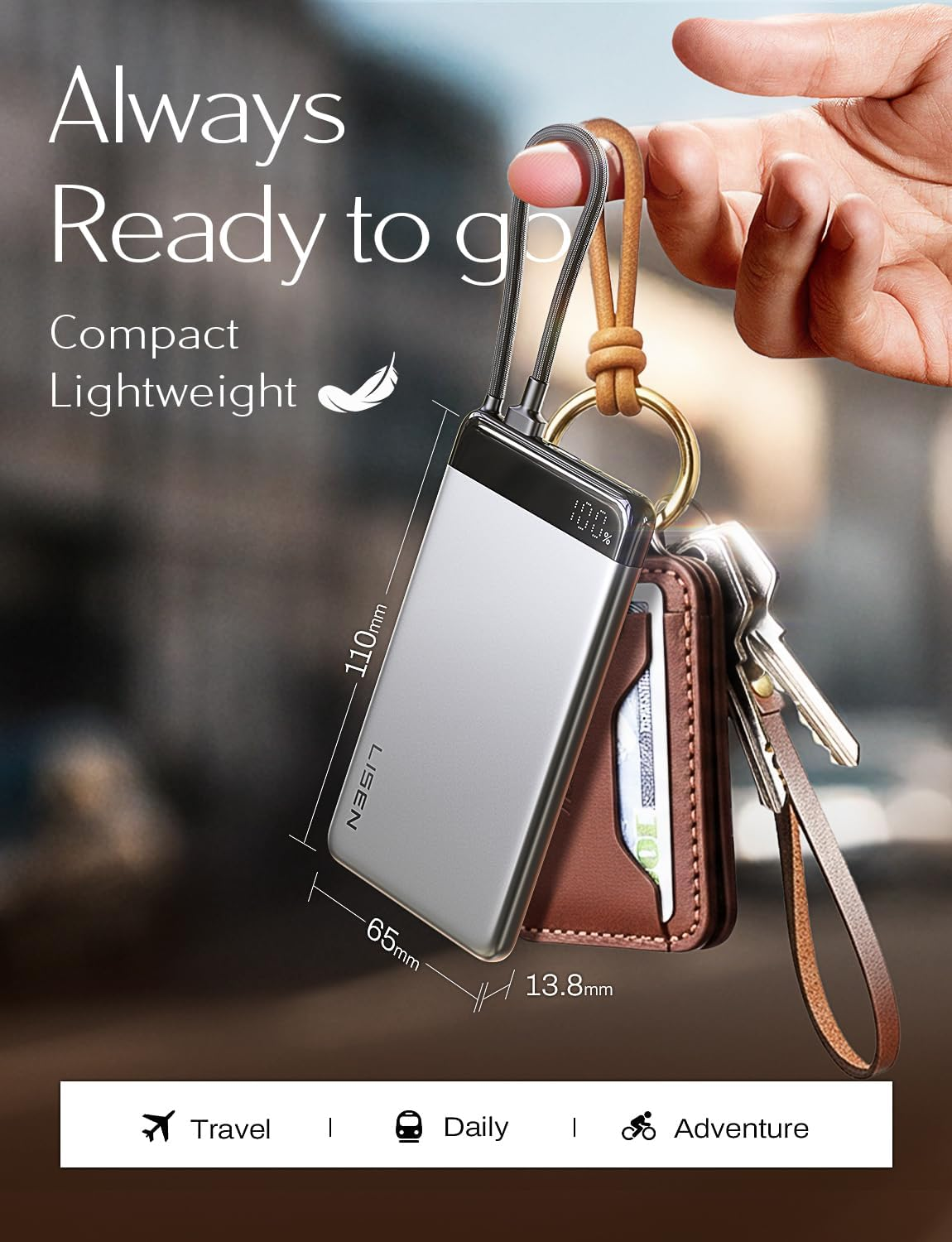 LISEN CCC Certified Power Bank 22.5W Portable Charger, Alloy 0.5" Ultra Slim Powerbank Travel Essentials, Battery Bank with Built-In USB C Cable, 10000Mah Portable Charger for Iphone 17 Pro Max 16 15