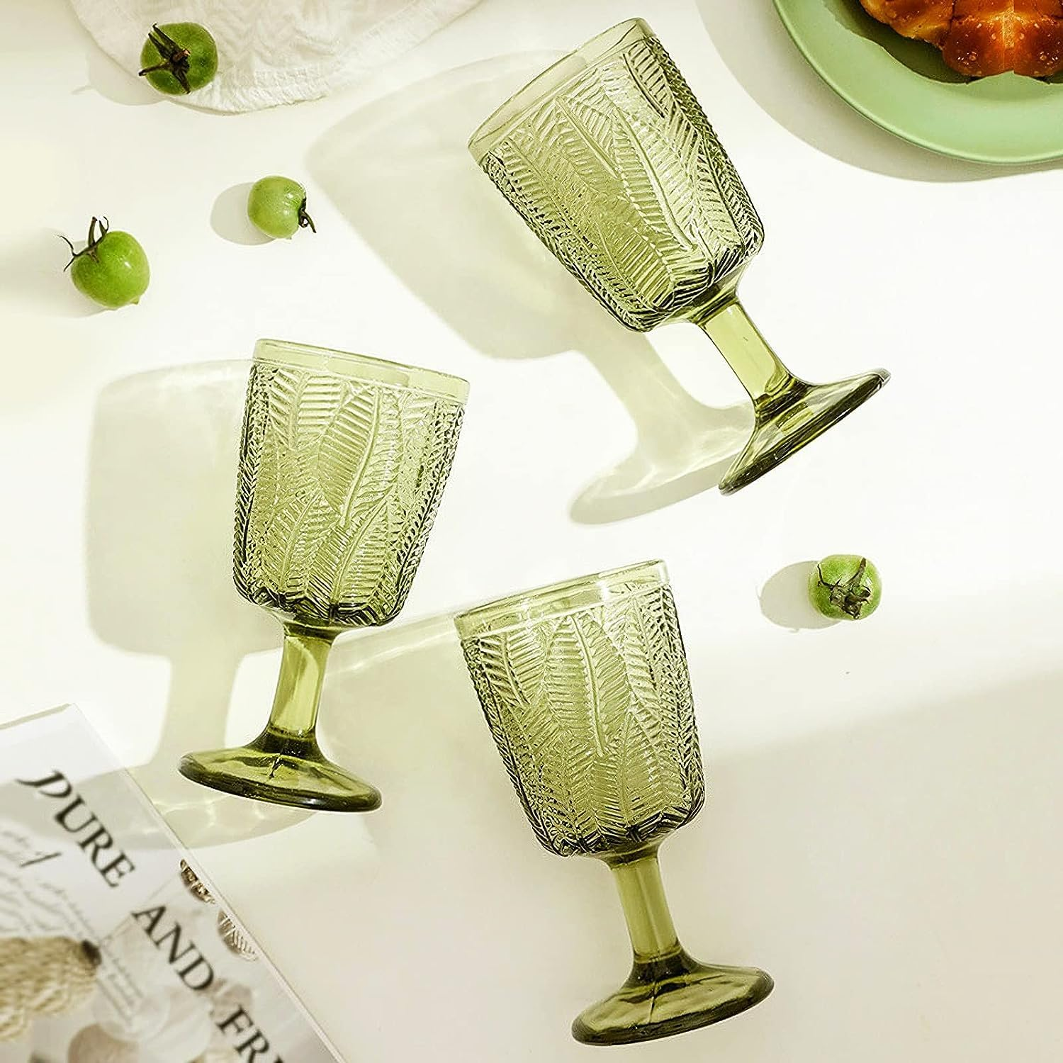 HZIYOU Vintage Green Wine Glasses Set of 4, 11 Oz Colored Glass Drinkware Sets, Embossed Floral Pattern Non-Slip, Unique Vintage Glasses Drinking, Goblet Glasses, Wedding, Party, Bar, Dinner (Green) image number 1