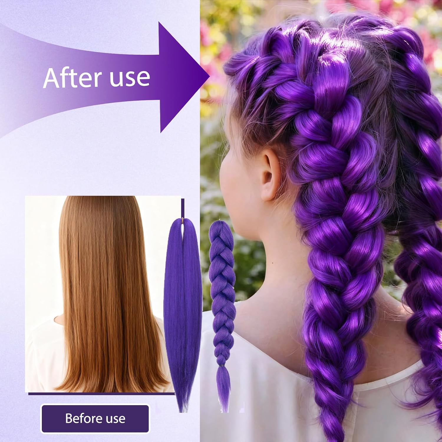 2Pcs Purple Hair Extensions, 26-Inch Pre-Stretched Purple Braids, Role-Play Wigs and Halloween Costume Accessories, Suitable for Children and Adultsirls (A) image number 4