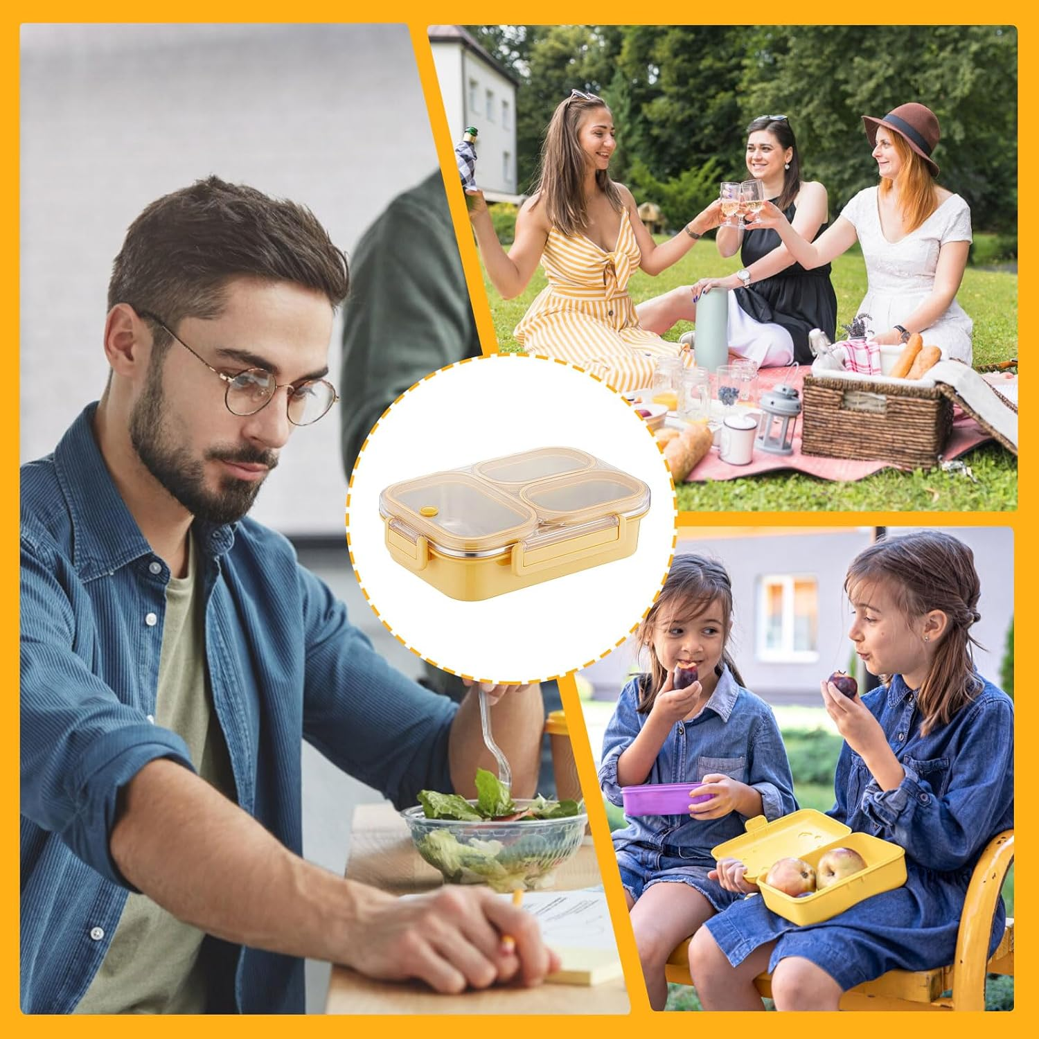 Lunch Box with Compartments, Stainless Steel Lunch Box for Children & Snack Box with Compartments, Bento Box 3 Compartments, Leak-Proof Stainless Steel Snack Box for School & Office image number 4