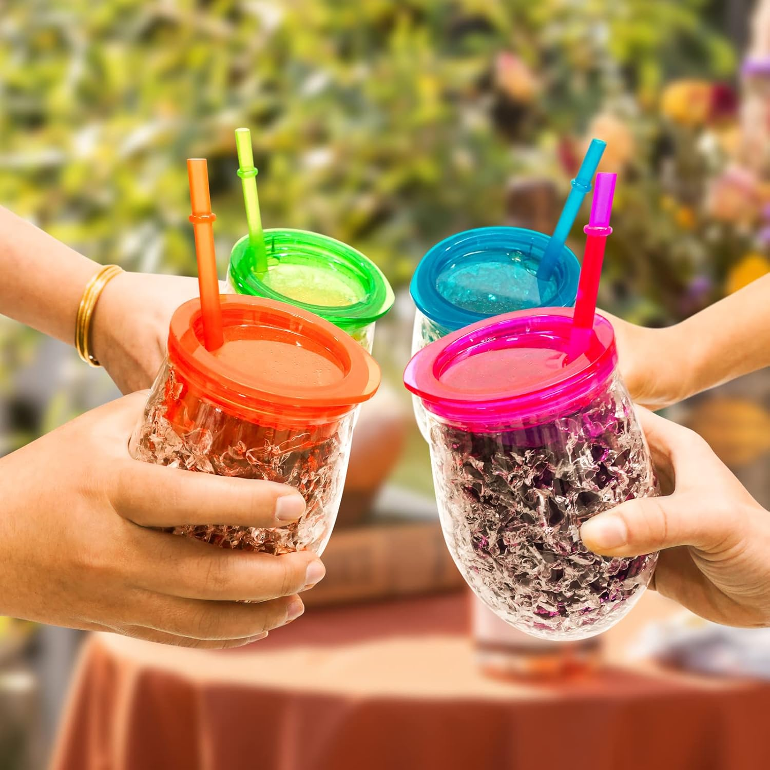 EASICOZI Cute Shape Frosty Freezer Ice Mugs with Straw Clear 11.8Oz Set of 4(Red, Green, Blue and Orange) (Oval) image number 5