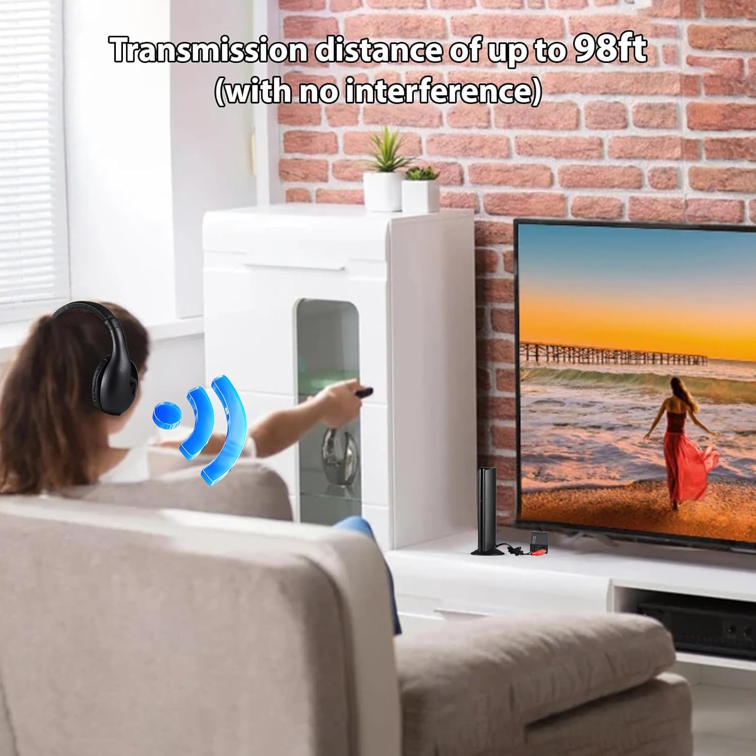 Wireless Headphones, for TV Watching with Transmitter and Decoder 5 in 1 TV over Ear Headset 98Ft Wireless Range FM Radios Monitoring Wired Headphones Transmitter with Fibe image number 1