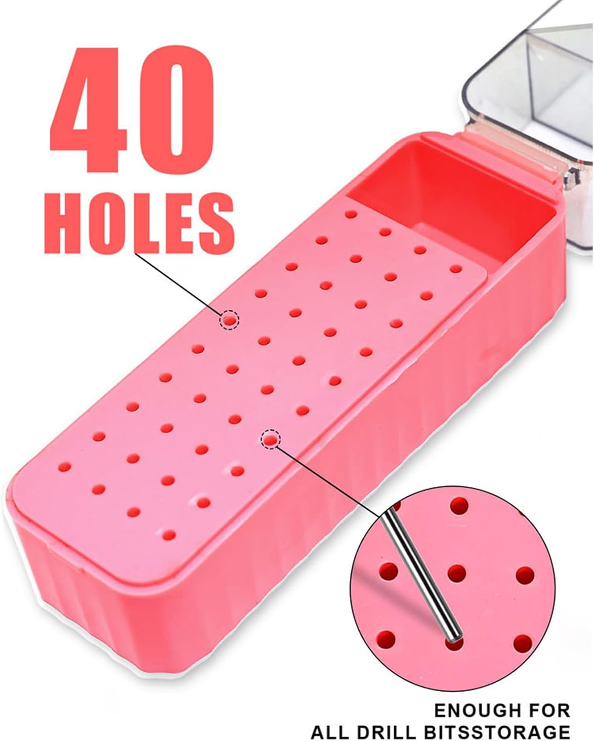 Nail Bit Holder, Drill Bit Organizer, Manicure Storage Case, 40 Hole Compact Design with Transparent Dustproof Lid, Ideal for Gel Removal Pedicure Prep Cuticle Care or Home Stations - Pink image number 6
