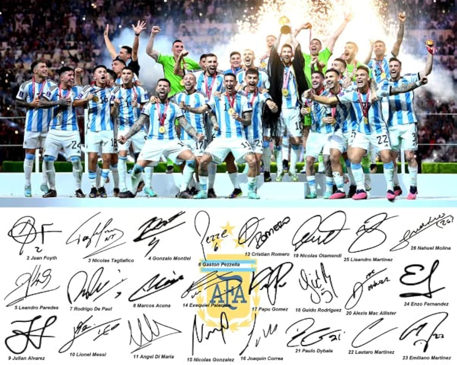 Ikonic Fotohaus Argentina World Soccer Champions Lionel Messi Di Maria De Paul Alvarez Dybala Martinez Team Signed Photo Autograph Print Wall Art Home Decor image number 2