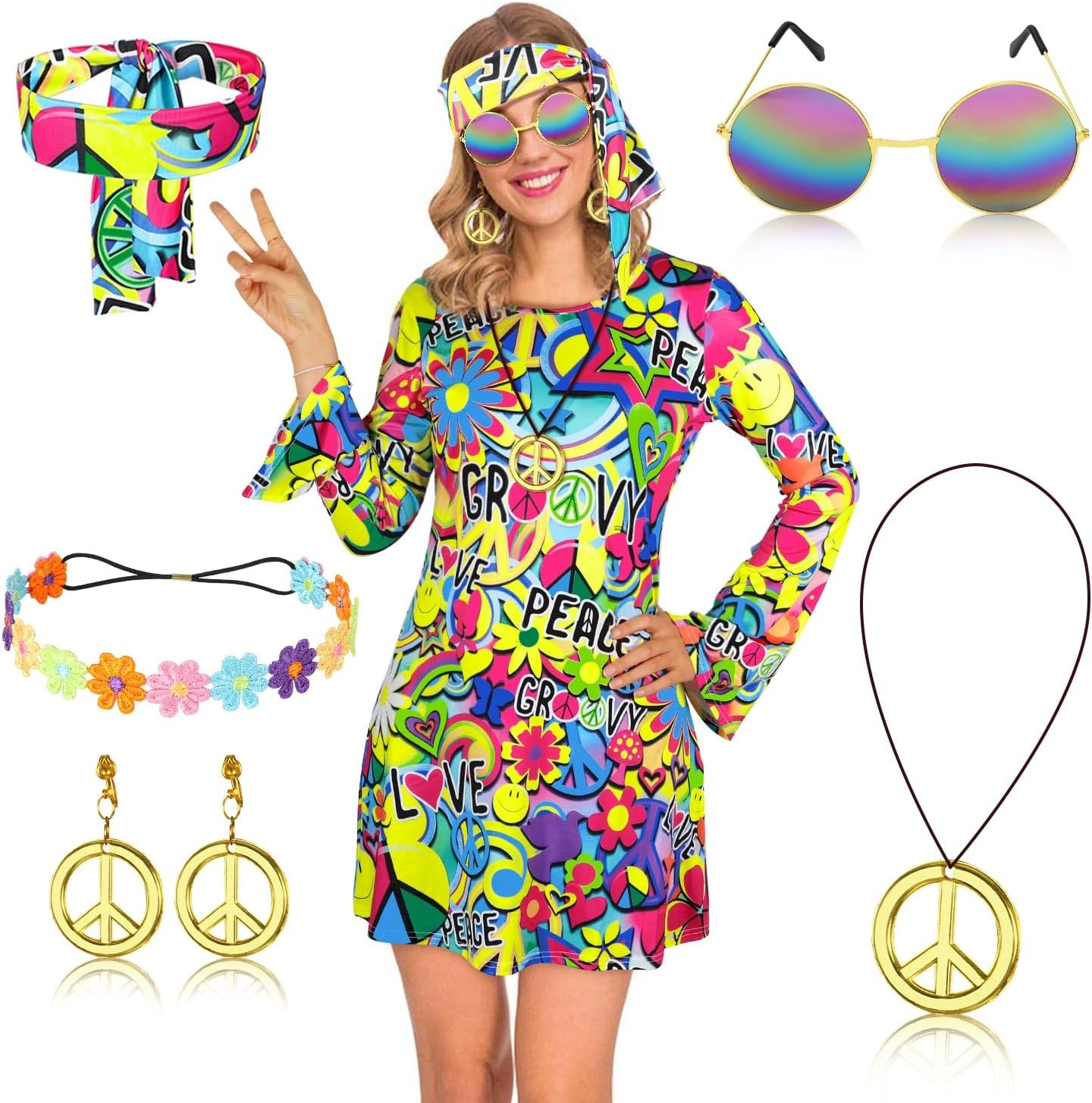 AUTOWT 70S Hippie Costume Women - 7 PCS Disco Dress with Headband Sunglasses Earrings Necklace Daisy Flower Crown, Hippy Disco Clothes Outfit for Fancy Halloween Cosplay Carnival 70S 80S Party image number 6