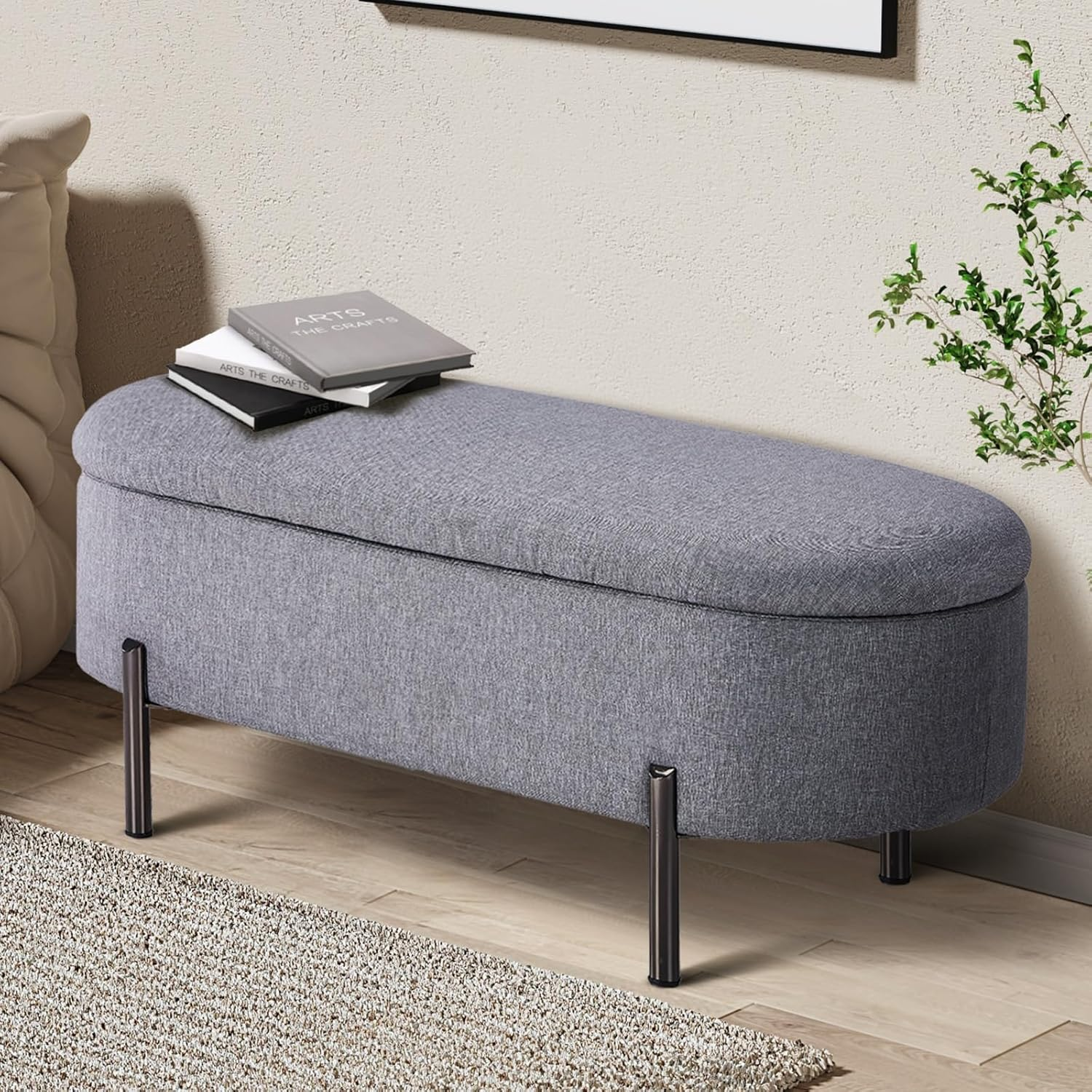 Oikiture Storage Ottoman Oval Linen Ottoman Bench Footstool 98CM Storage Box Chest for Home Bedroom Furniture Toy, Grey