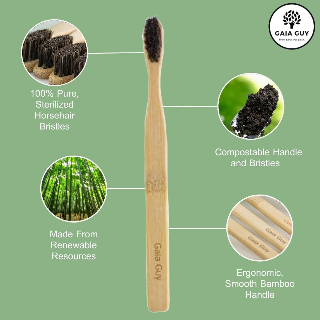 Gaia Guy Soft Natural Bristle Bamboo Toothbrush (NO Nylon - Horsehair ONLY) - Totally Compostable & Biodegradable Soft Horse Hair Bristle and Bamboo Toothbrushes - Zero Waste - 6-Pack image number 5