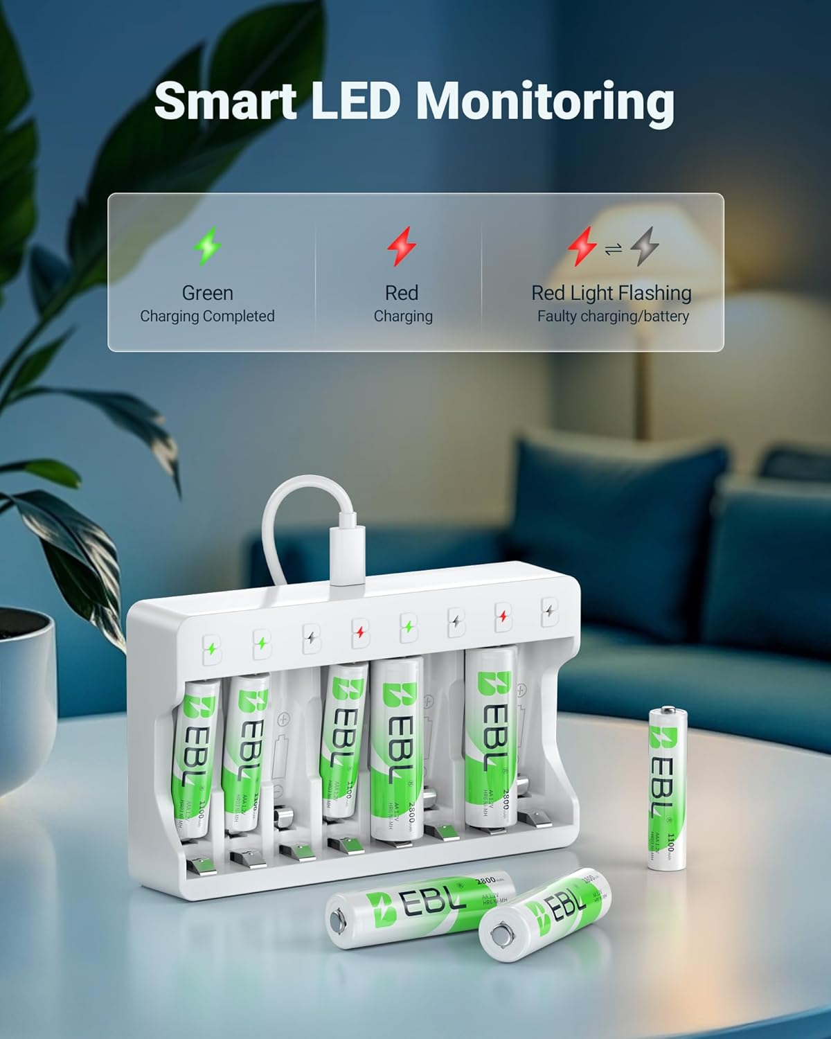 EBL 8 Slots AA AAA Battery Charger and 4 AA and 4 AAA Rechargeable Batteries - 5V 2A Fast Charging Battery Charger & Battery Sets (2025 New) image number 3