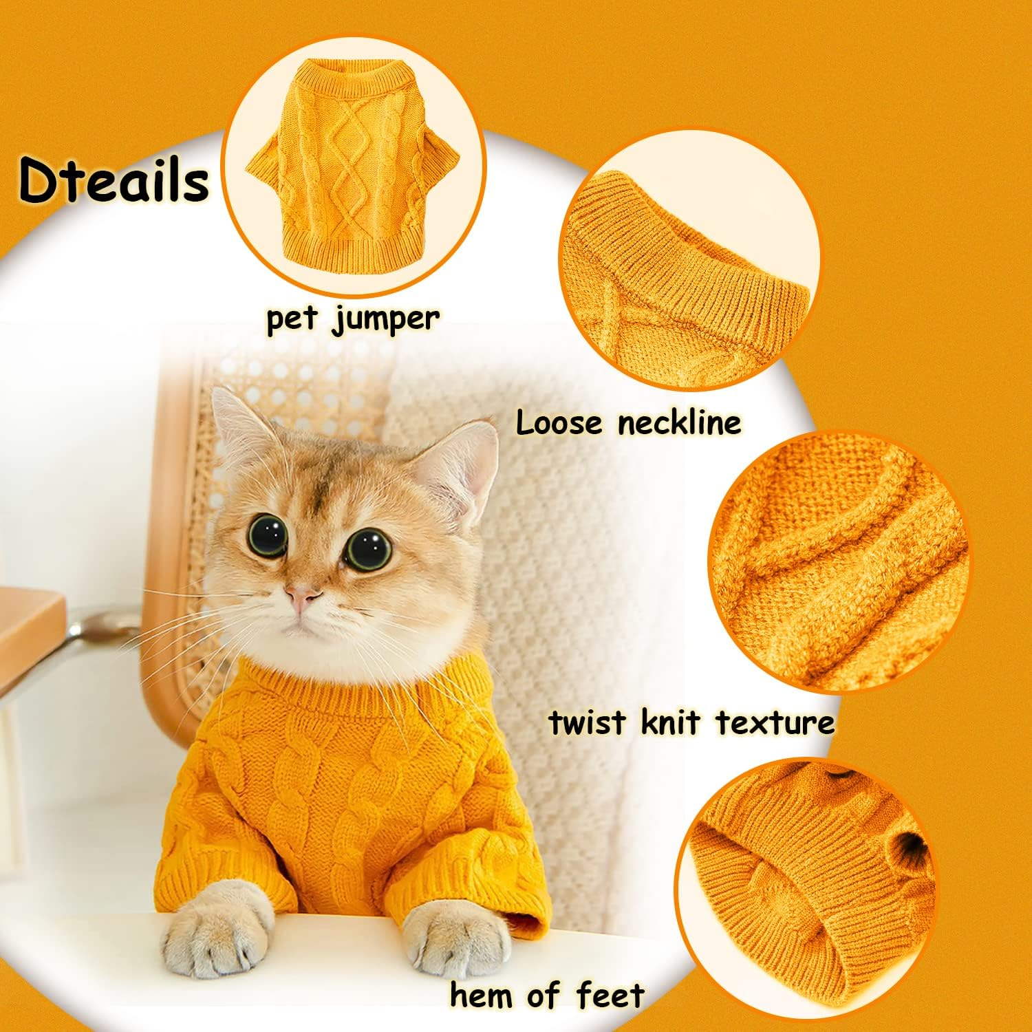 Small Dog Cat Sweaters, Puppy Jumper Sweater Warm Pullover Fleece Dog Jacket Winter Dog Clothes Cute Soft Turtleneck Knitted Classic Twist Striped Clothes for Small Medium Dogs Cat (Yellow, Large)