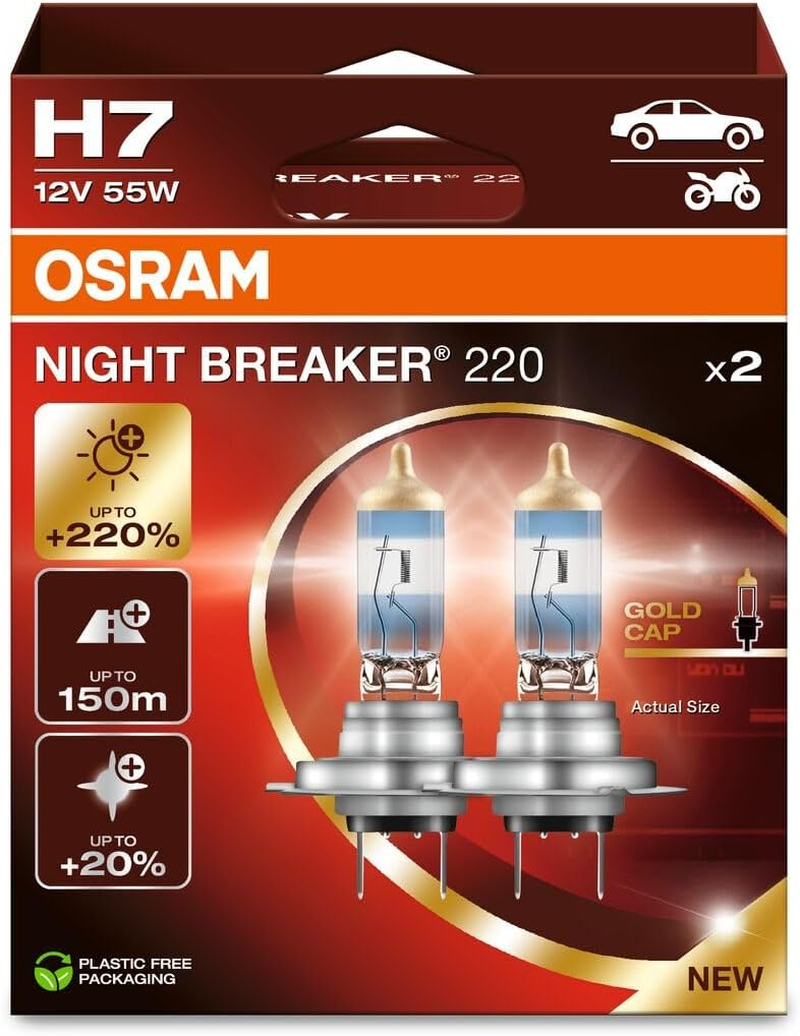 OSRAM Night Breaker 220, H7, +220% More Brightness, Halogen Headlight Bulb, 64210NB220-2HB, Folding Box (2 Bulbs) image number 2
