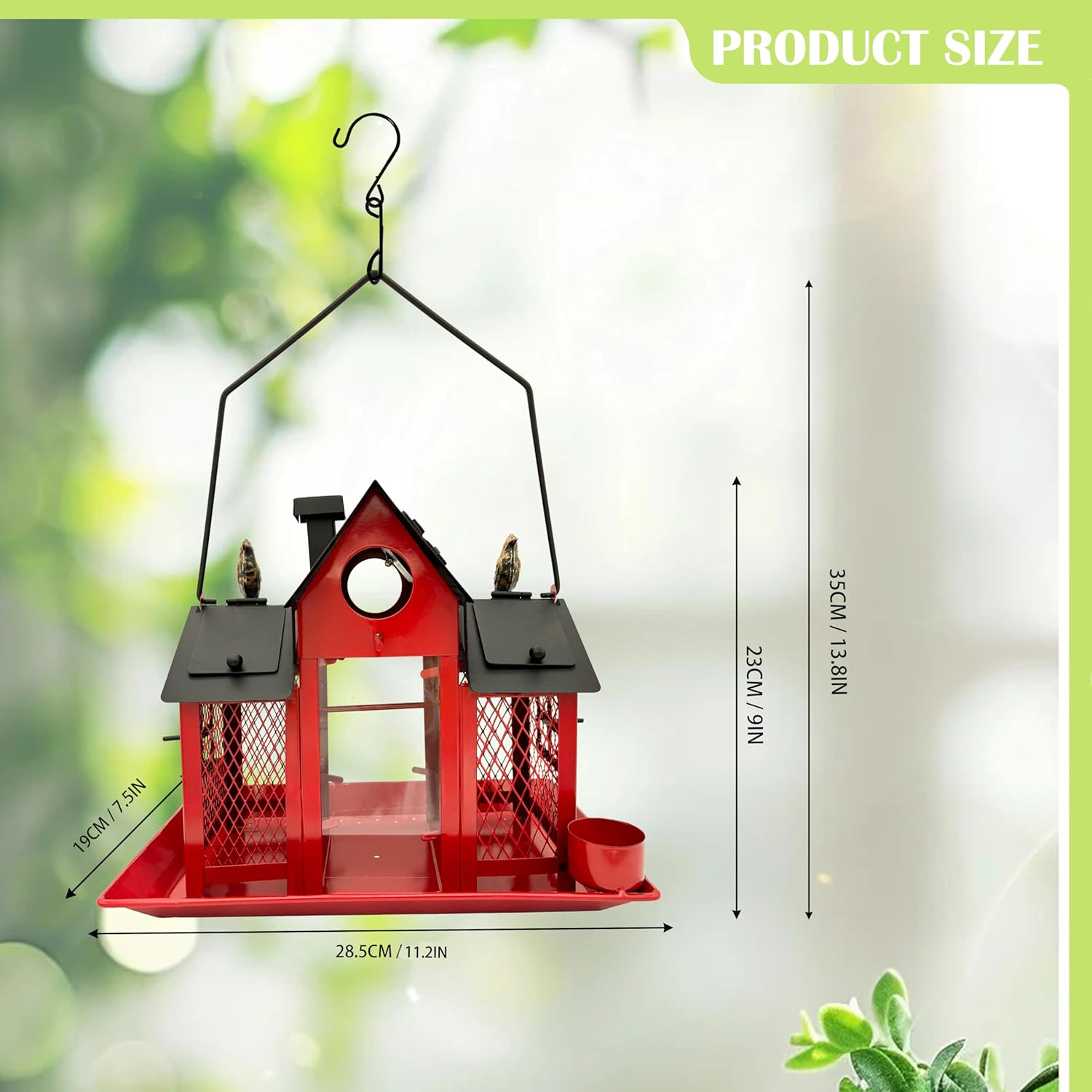 Bird Feeder Solar Bird Feeders House for outside Hanging, Metal Wild Bird Feeder for Outdoors, Large Capacity Birdhouse Bird Feeders (Cute House-Red) image number 2