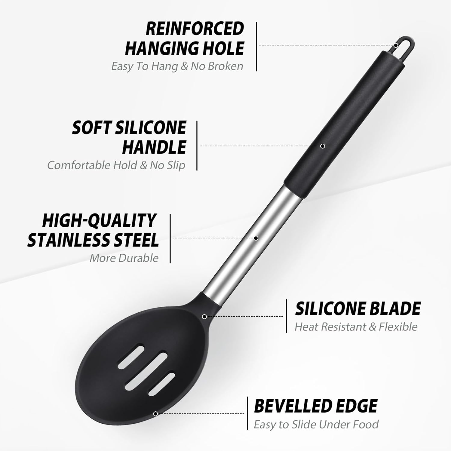 Pack of 2 Large Silicone Cooking Spoons, Non-Stick Stainless Steel Slotted and Solid Spoon Set for Serving, Mixing, Draining, Heat Resistant, Scratch Resistant and BPA Free Kitchen Scoops (Black) image number 5