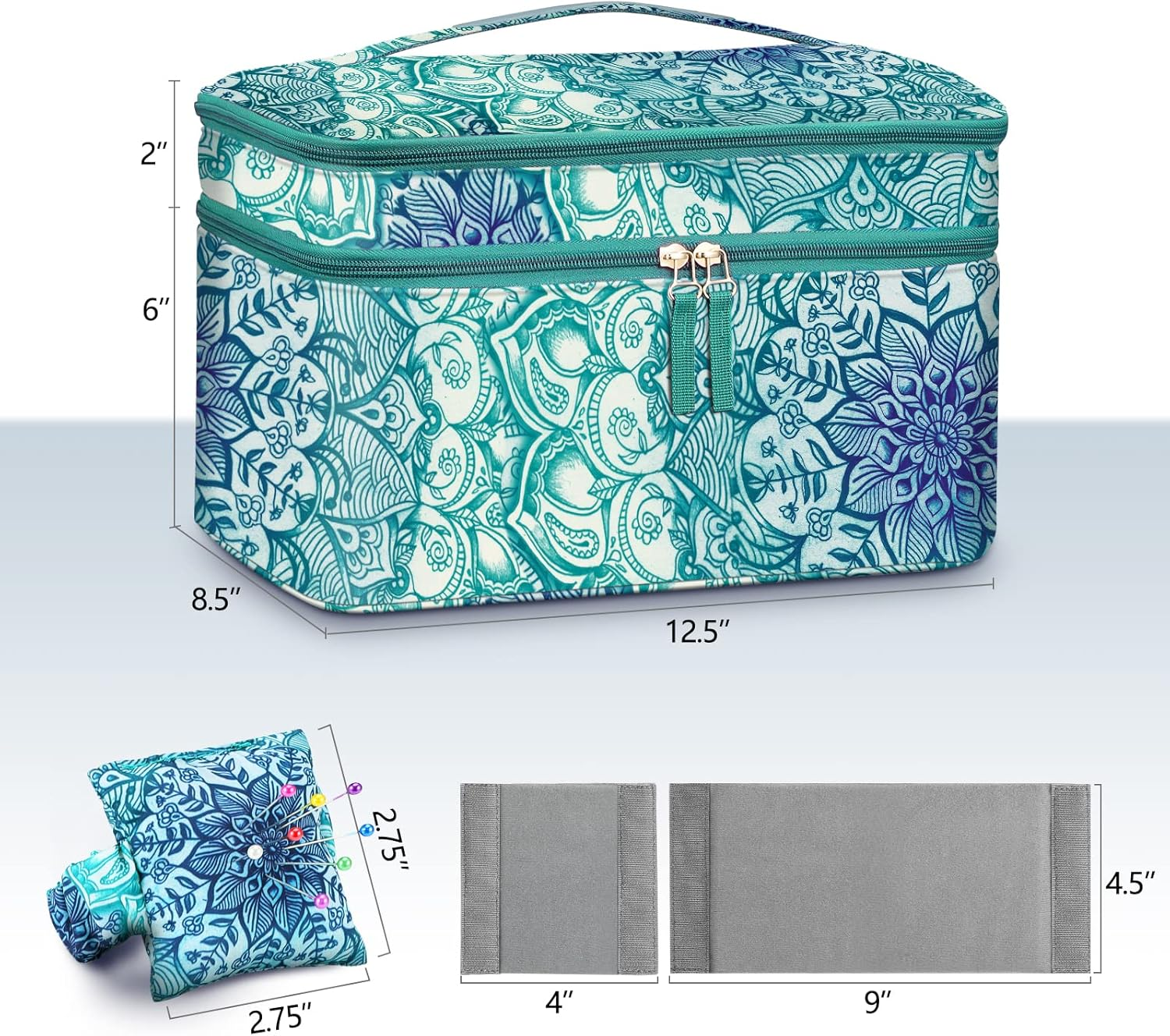 FINPAC Sewing Accessories Storage and Organizer Case, Double-Layer Sewing Kits Carrying Bag with Wrist Pin Cushion for Threads, Needles, Embroidery Floss Supplies, Felting Kits (Emerald Illusions)